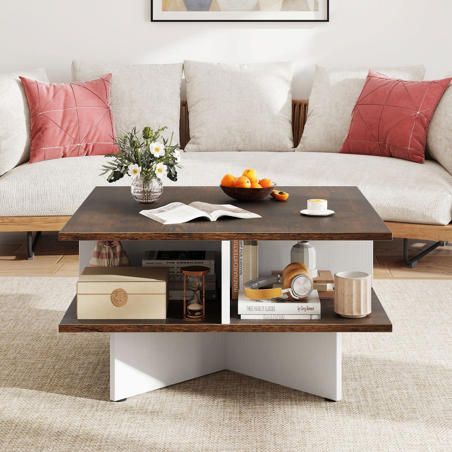2-Tier Square Coffee Table with 4 Storage Compartments-Rustic Brown