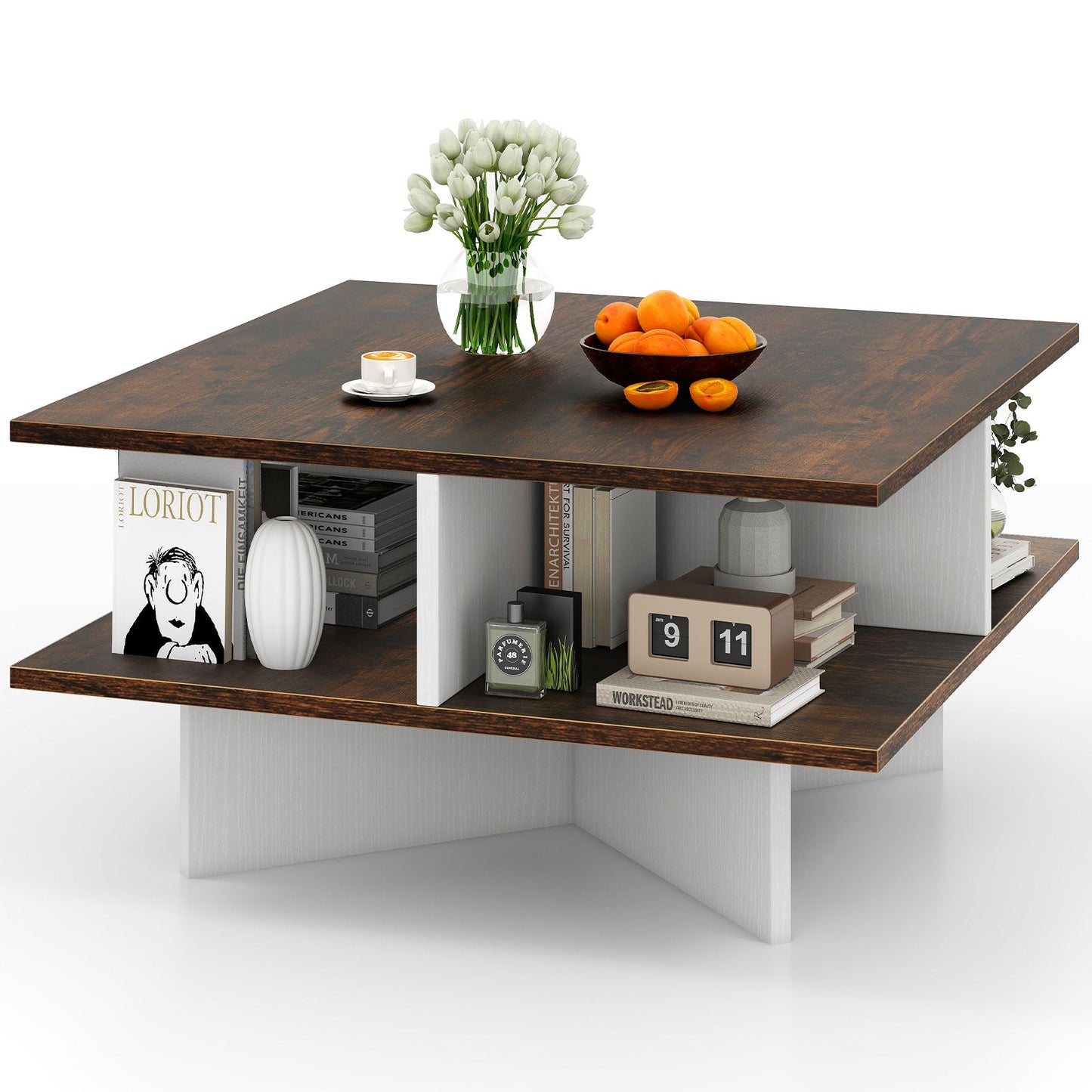 2-Tier Square Coffee Table with 4 Storage Compartments-Rustic Brown