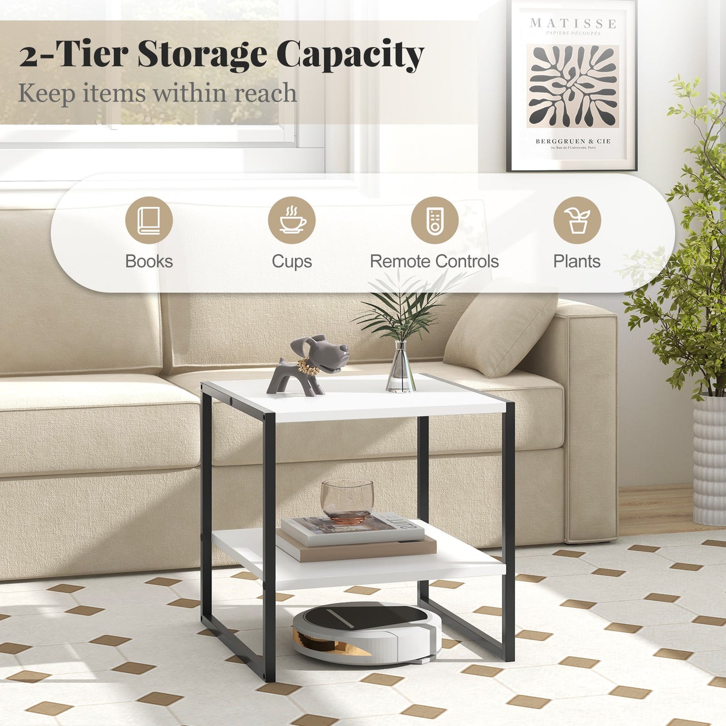 2-Tier Square End Table with Storage Shelf Reversible Design-White