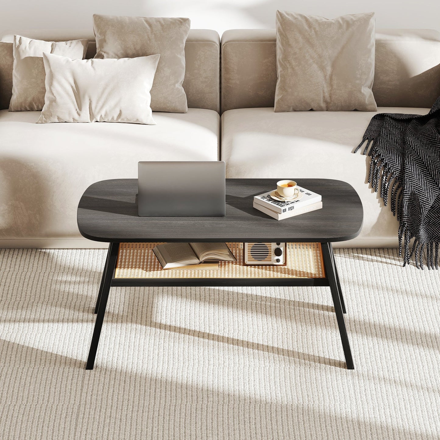 2-Tier Rectangular Center Coffee Table with Rattan Storage Shelf and Rubber Wood Legs-Dark Gray