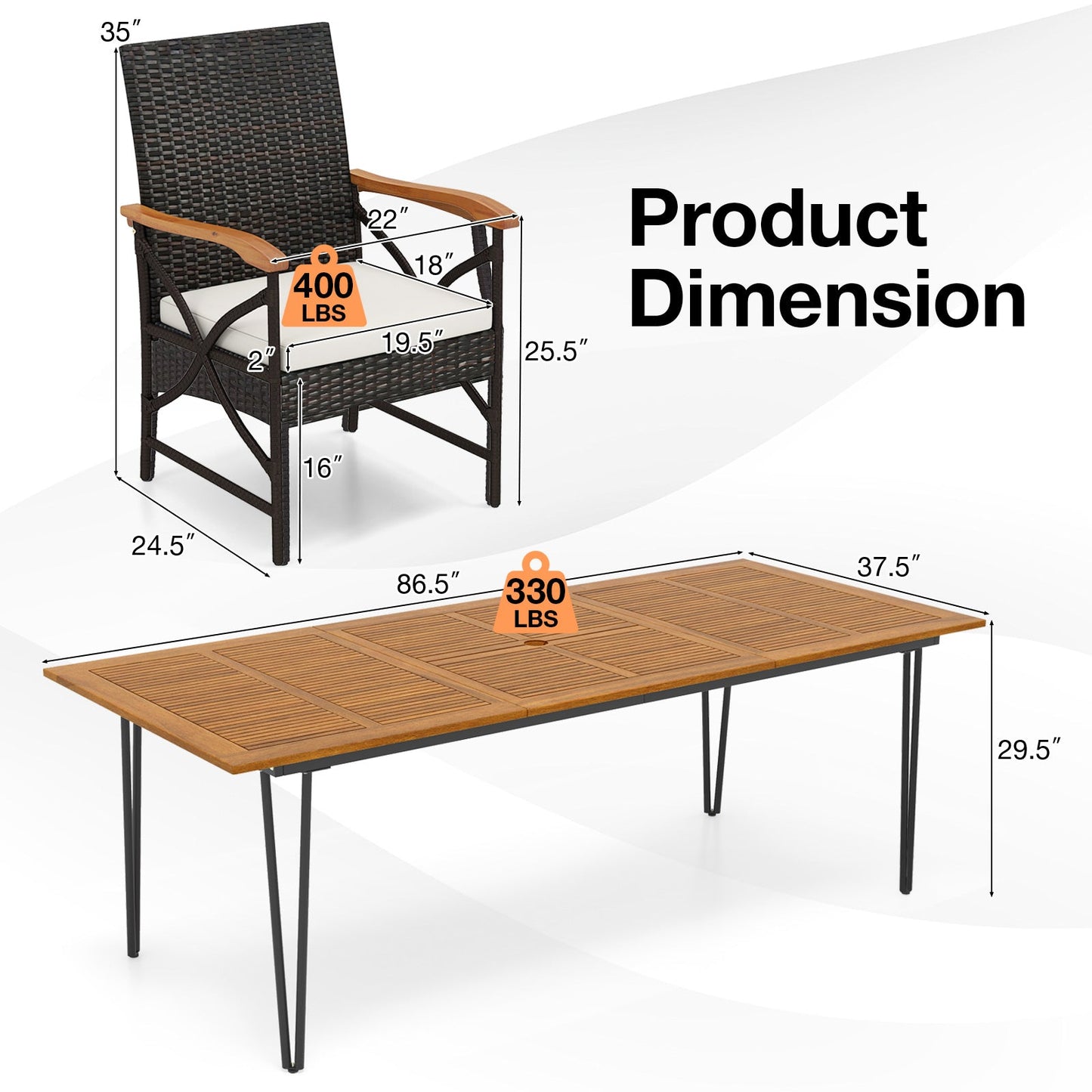 Wicker Patio Furniture Set of 8 Armchairs with Soft Cushions and Acacia Wood Square Table