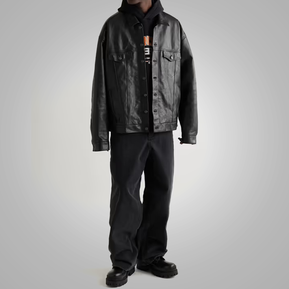 New Men’s Army Black Suede Shearling Leather Trucker Jacket