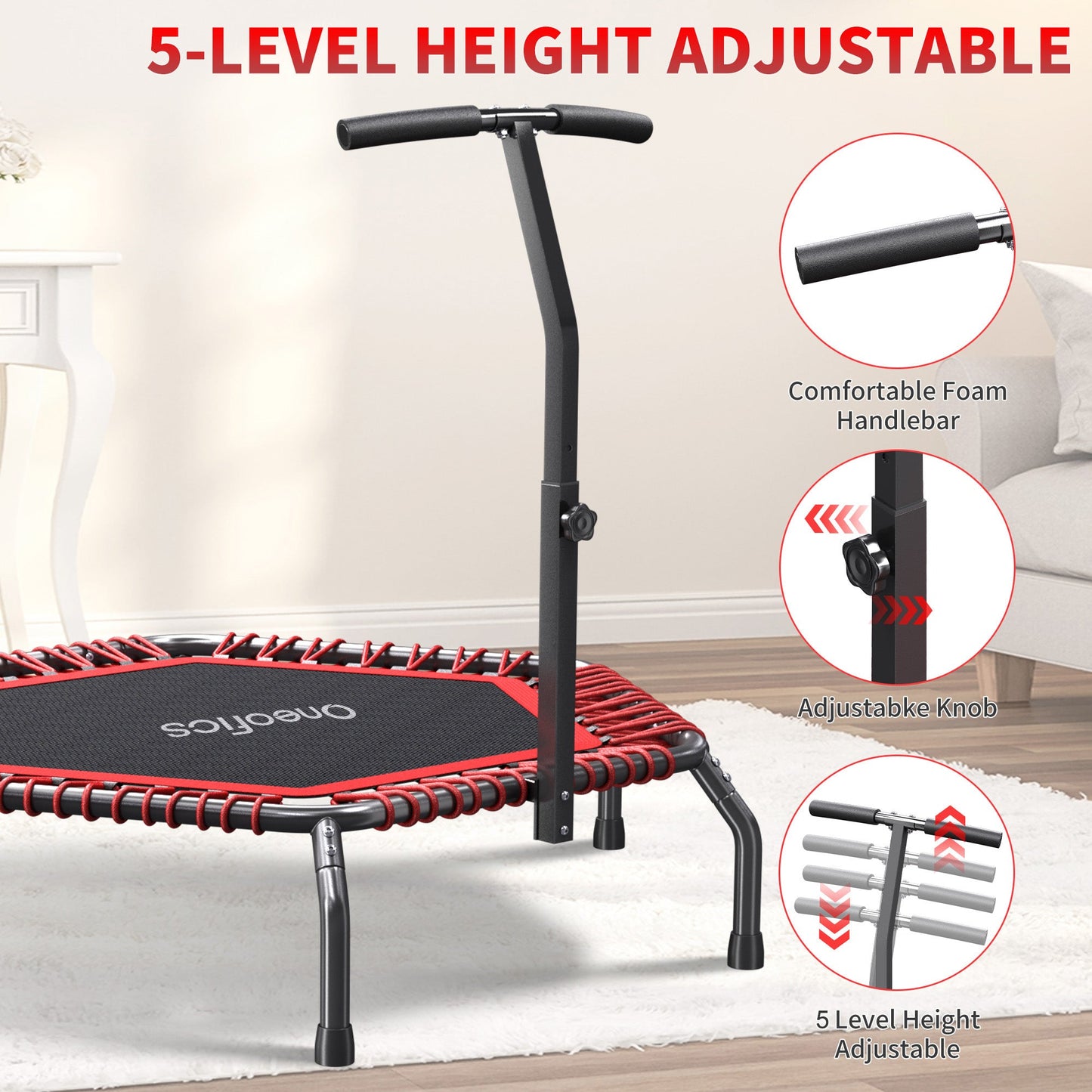 Oneofics 48”Trampoline, Foldable Fitness trampoline for Adults and Kids, Exercise Workout Rebounder Trampoline with Adjustable Handle, Max Load 550lbs