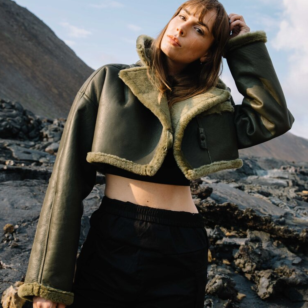Green Women Aviator Flight Bomber Faux Fur Shearling Sheepskin Leather Jacket