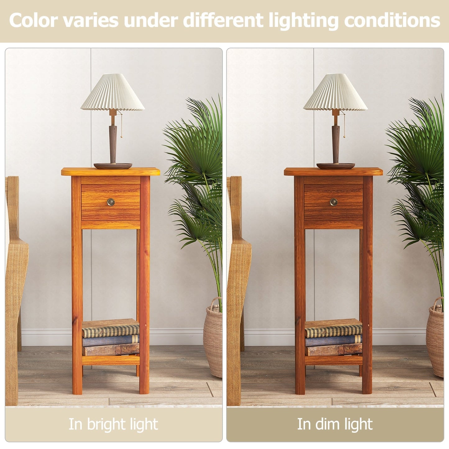 2 Tier Slim Nightstand Bedside Table with Drawer Shelf