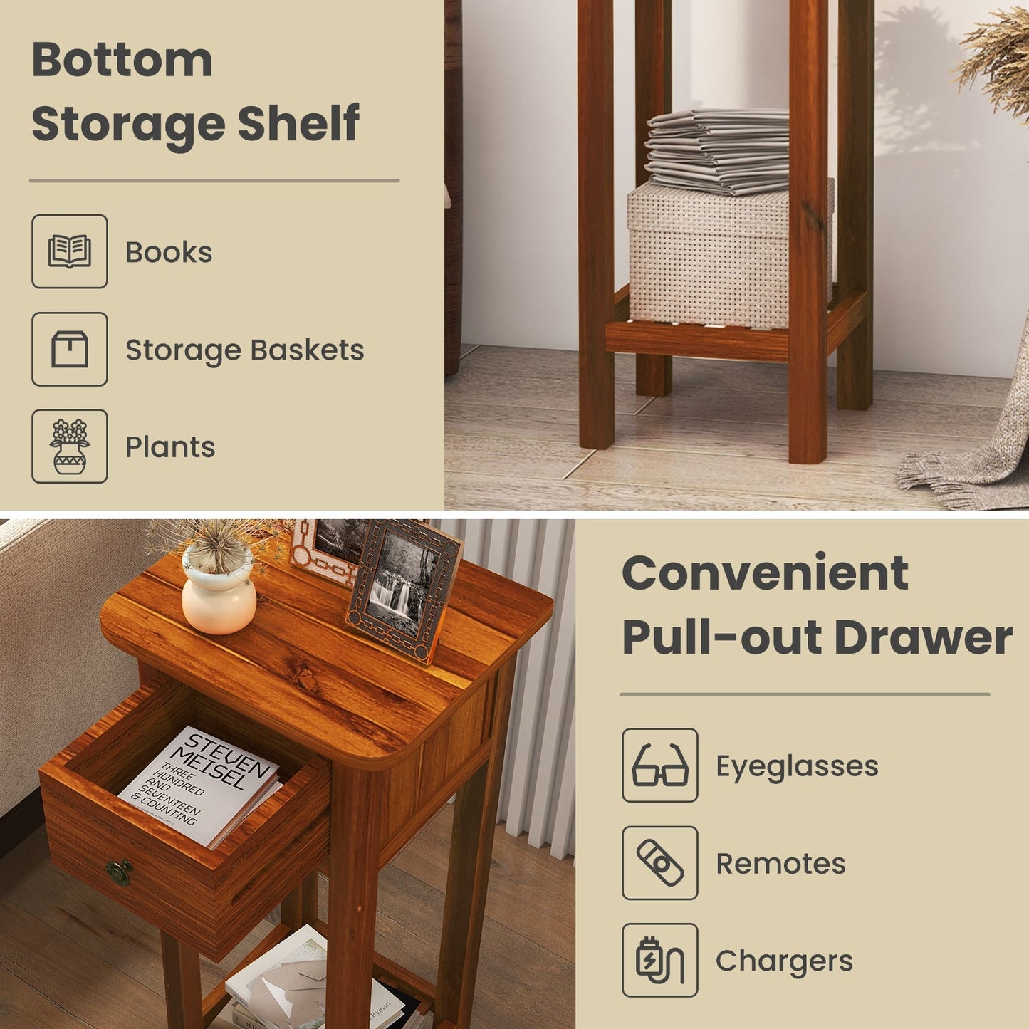 2 Tier Slim Nightstand Bedside Table with Drawer Shelf