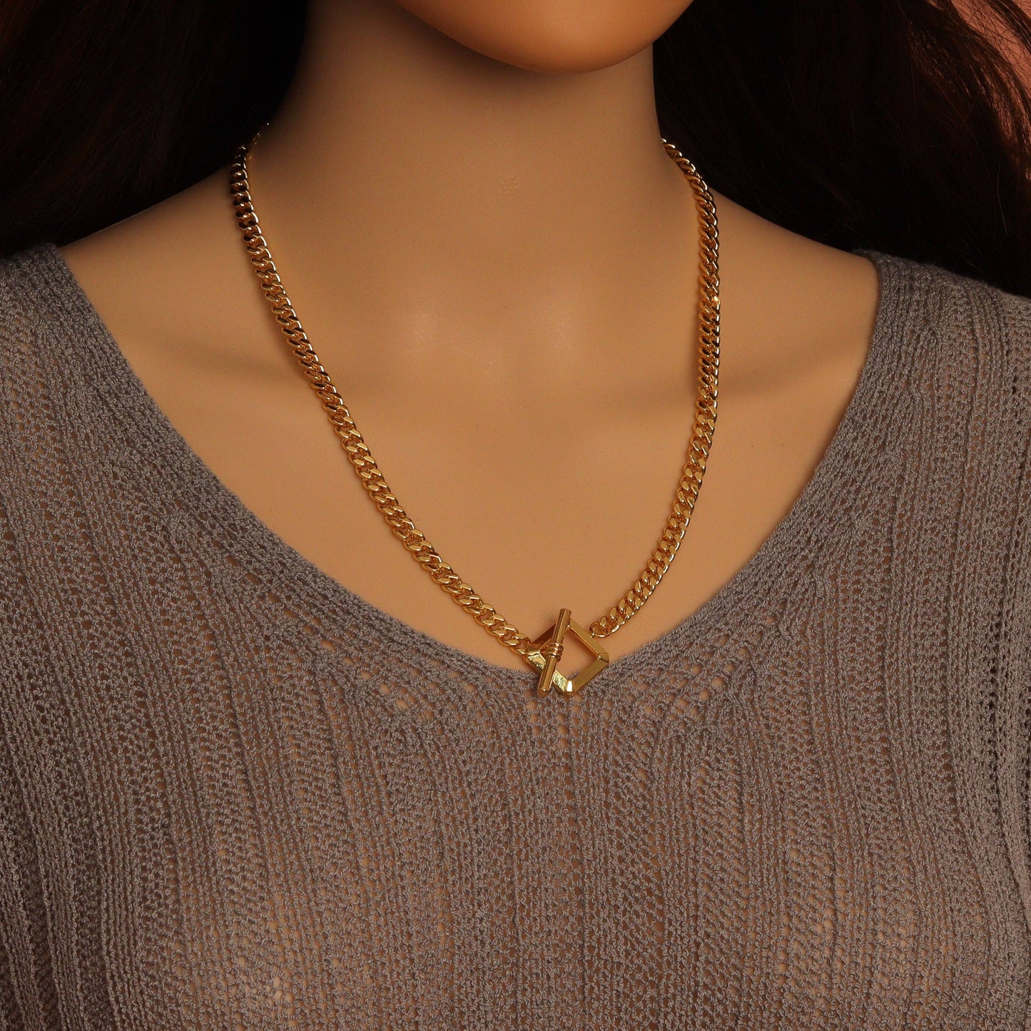 Gold Rectangle Toggle Clasp Cuban Chain Link Adjustable Necklace, Sku#L731