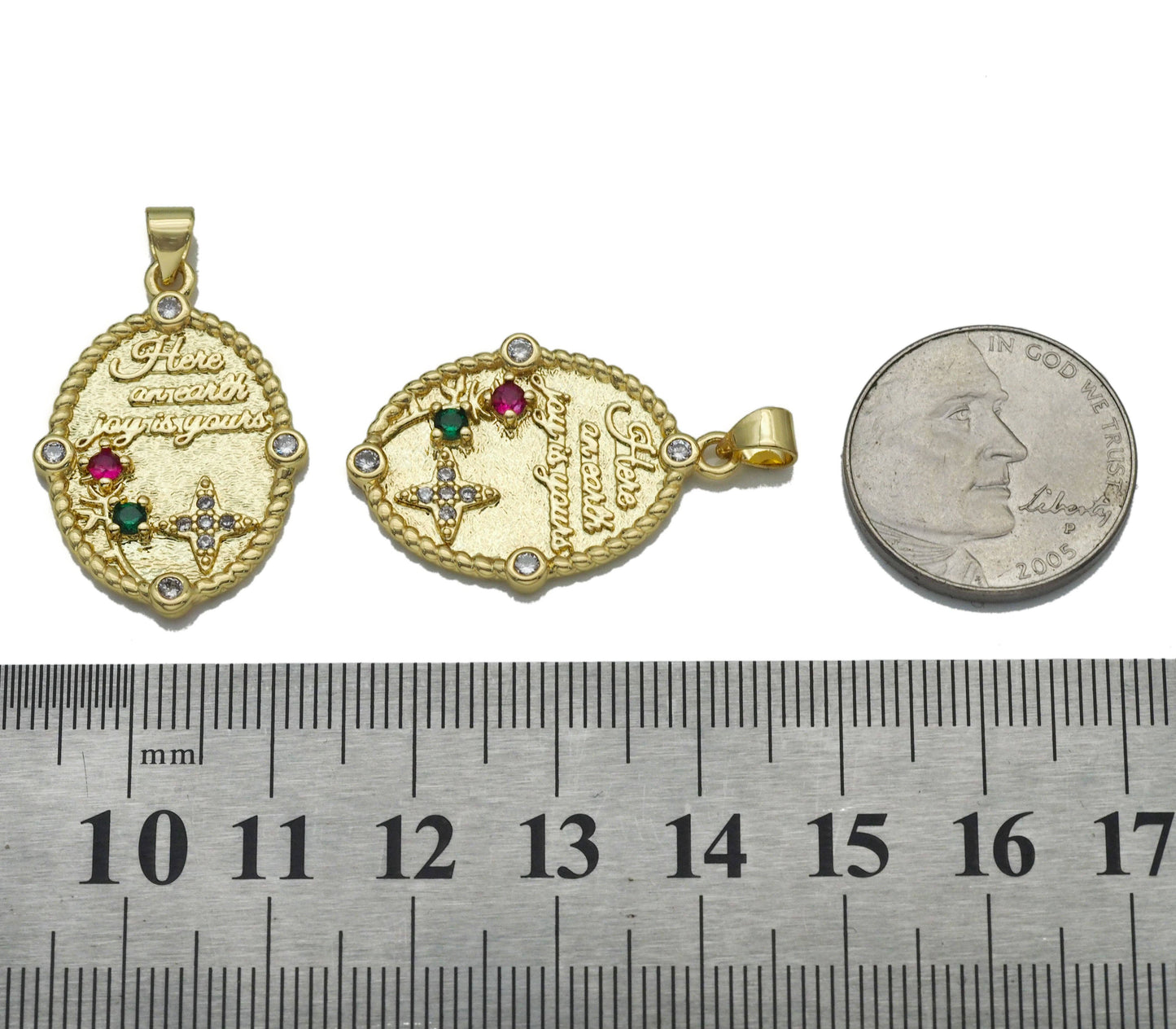 Colorful CZ Gold Joy is yours Oval Medallion Charm, Sku#LK761