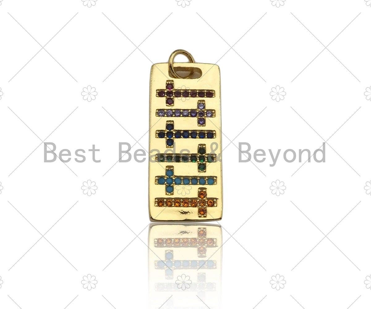 Colorful CZ Micro Pave Cross On Rectangle Shape Pendant, Cubic Zirconia Rectangle Pendant, Gold Tone Pendant, 10x24mm, sku#LK179
