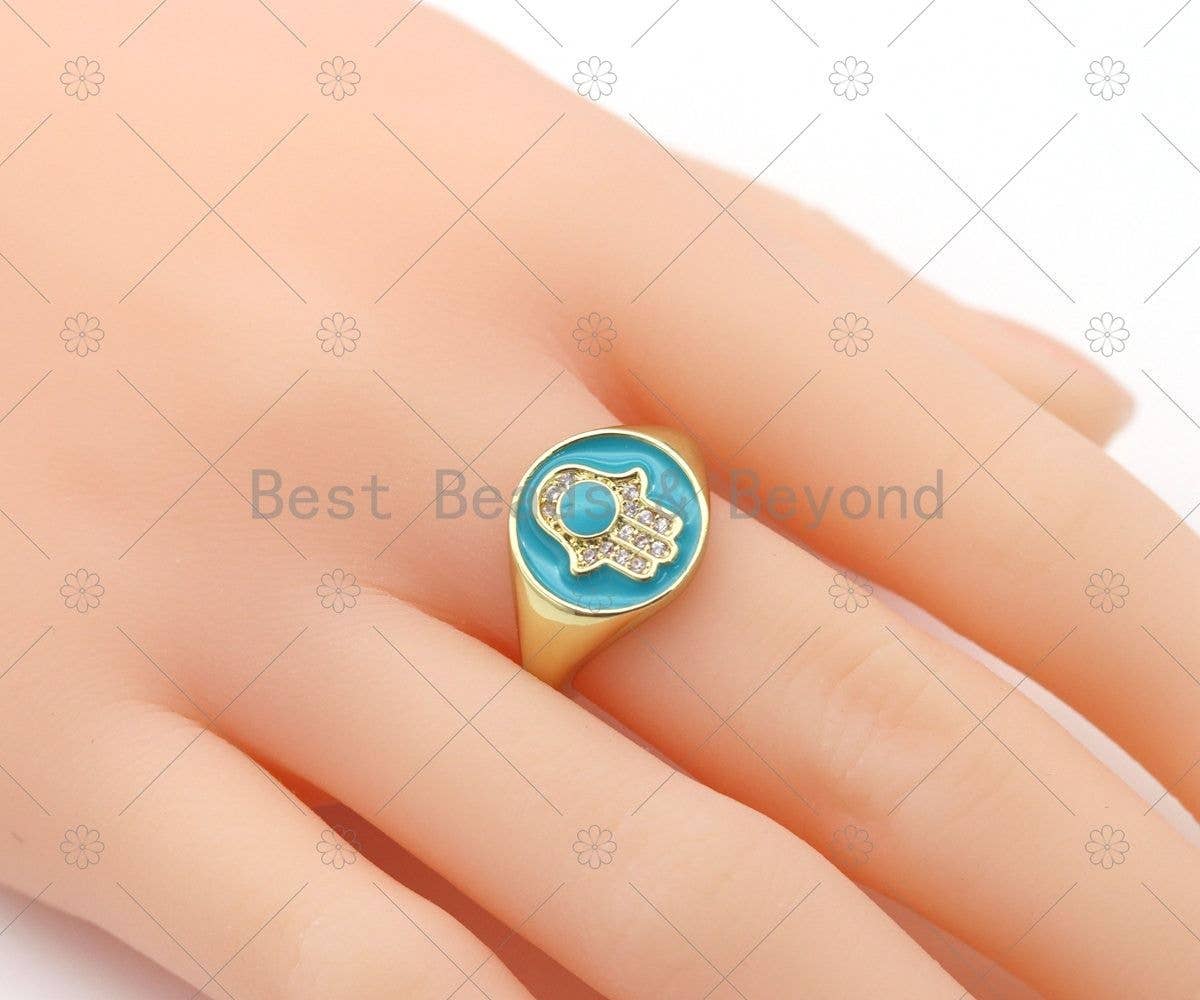 CZ Hamsa Hand on Coin Adjustable Ring, Sku#O86