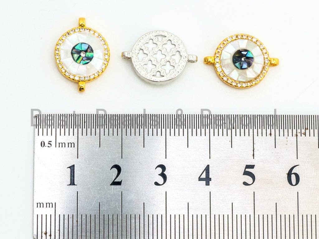 CZ Micro Pave Evil Eye Round Connector with Abalone Pearl Shell, Cubic Zirconia Space Connector, CZ Abalone Stone Charm 13x17mm, 1pc,SKU#Z29