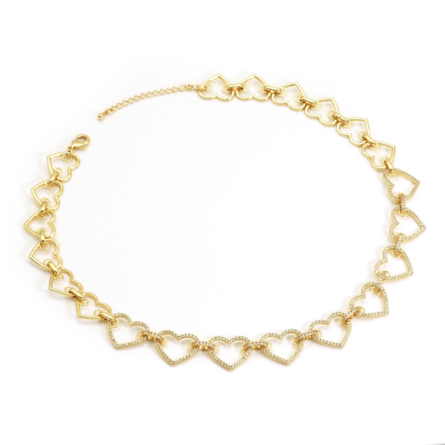 Clear CZ Gold Heart Link Chain Adjustable Necklace,sku#LX237