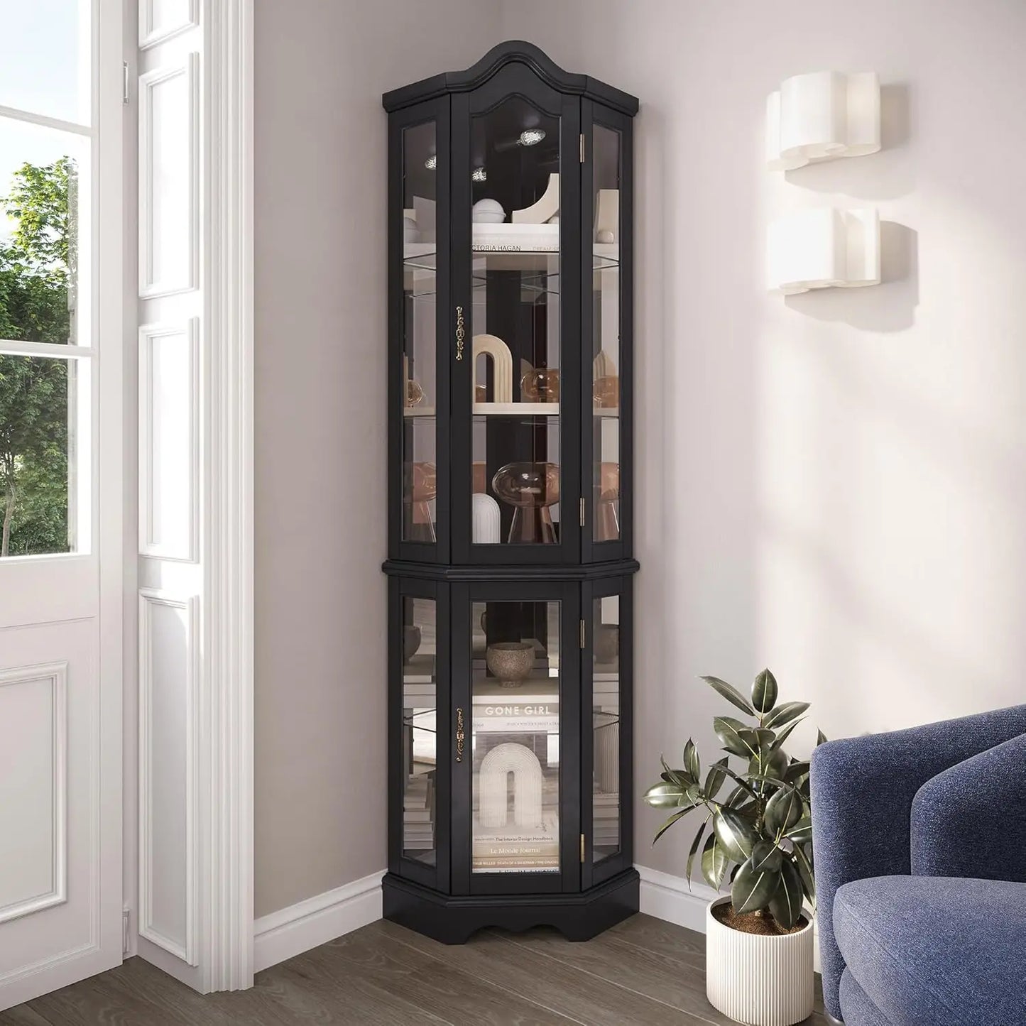Lighted 3-Side Glass Display Curio Cabinet w/Tempered Glass Doors and Shelves, Curved Wood Corner Cabinet with Bulb, Corner S