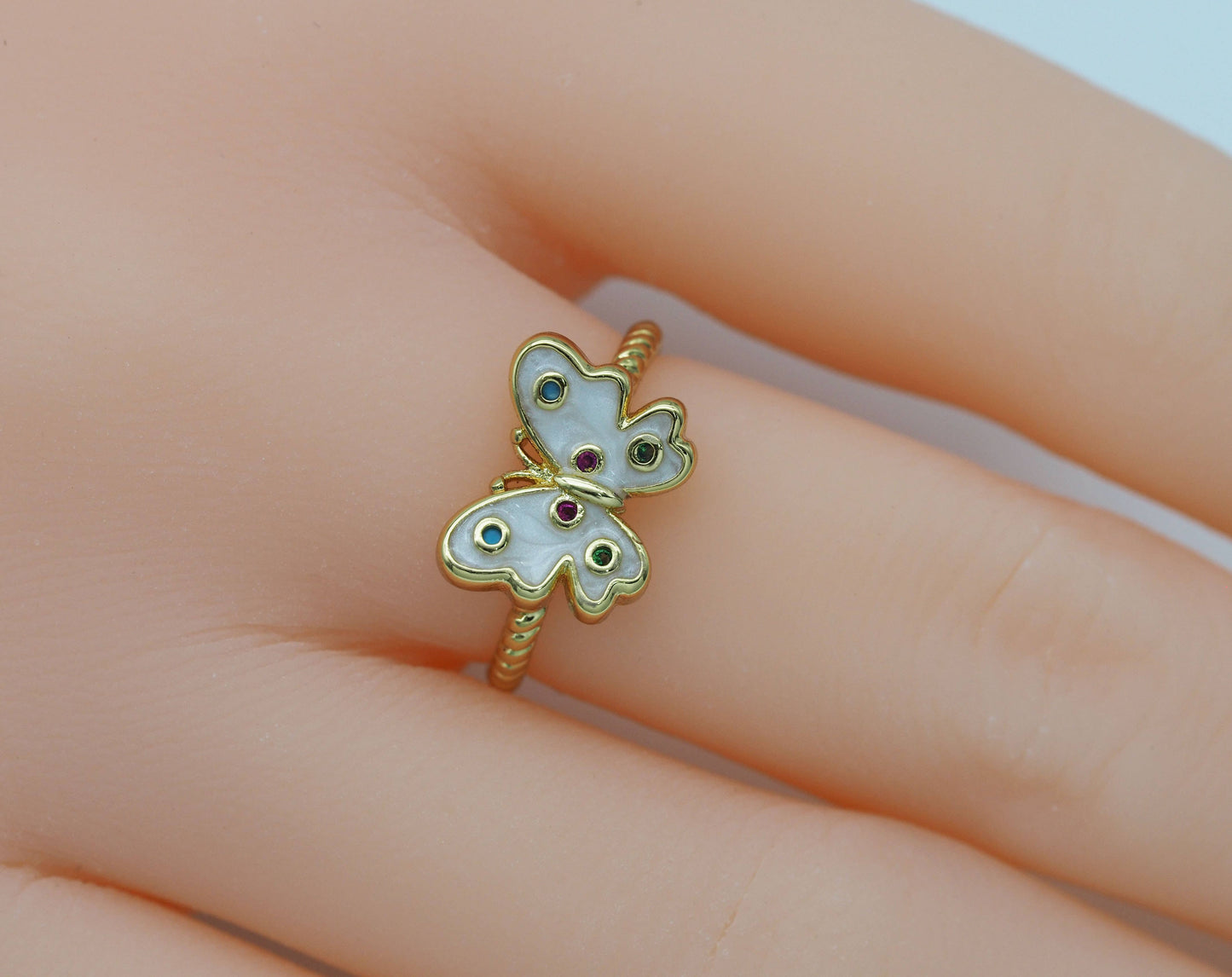 White Enamel Butterfly Adjustable Ring, JD23