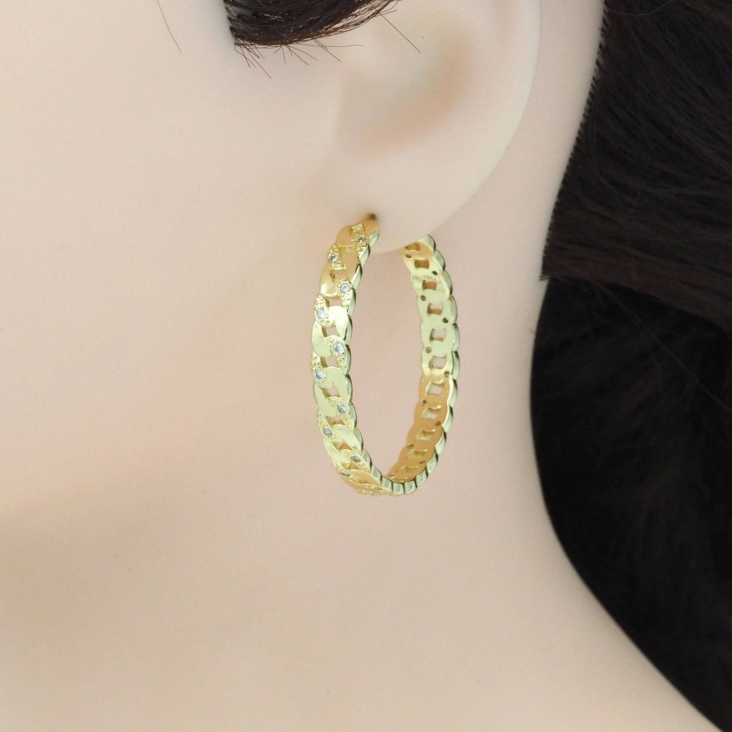 CZ Gold Silver flat cuban Link Hoop Earrings, Sku#LX220