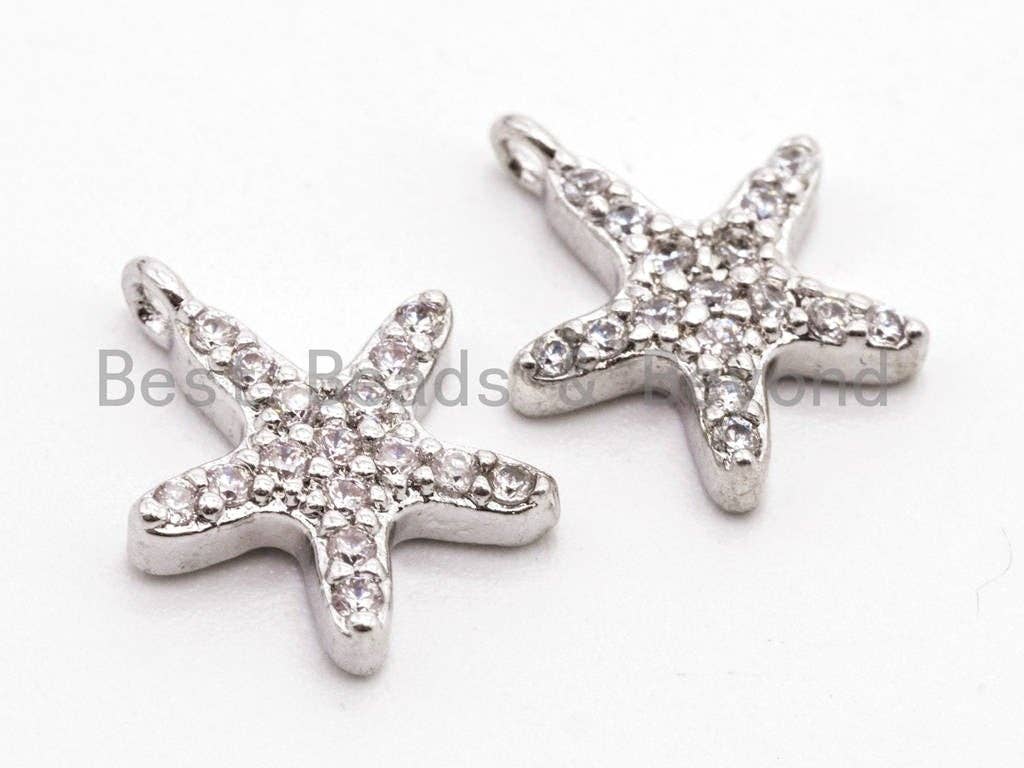 CZ Micro Pave Small Starfish Pendant/Charm, Cubic Zirconia Pendant in Gold Rose gold Black Silver, Fashion Jewelry Findings, 9x10mm, sku#B77
