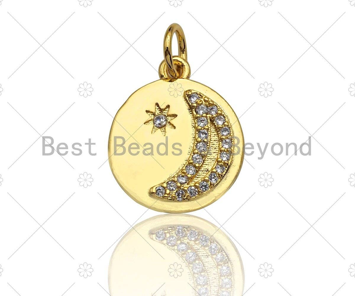 Dainty Shiny Gold Moon Star Round Coin Charms, Dainty Charms, Godl Coin Charm, Gold Pendant, 12x14mm, Sku#LK118