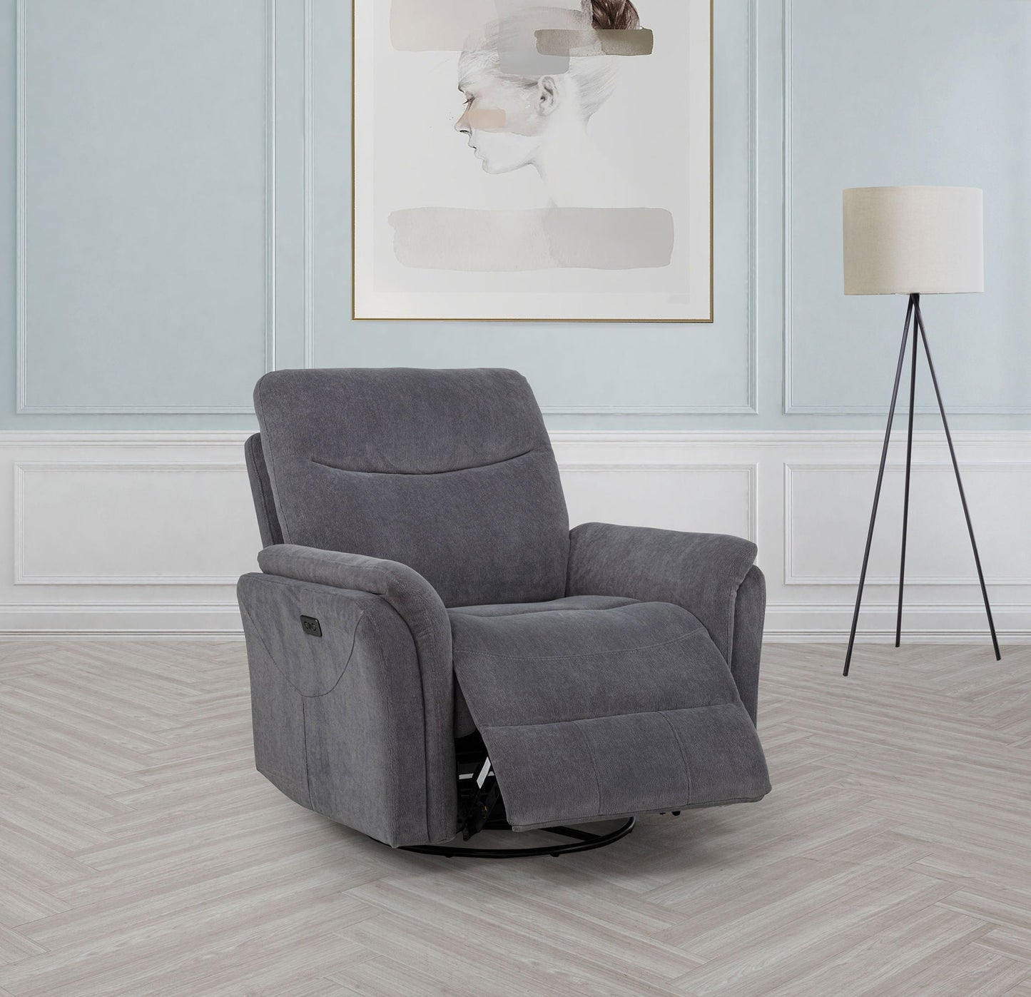 Adler Upholstered Power Swivel Glider Recliner Charcoal Grey
