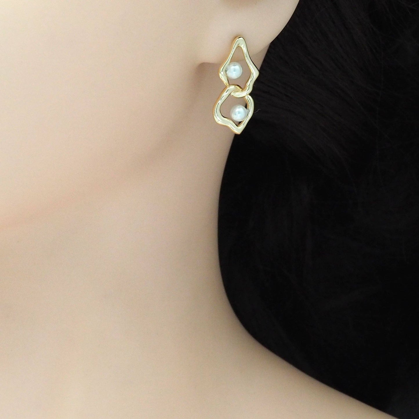 Gold Silver White Pearl Geometry Oval Link Earrings, Sku#ZX159