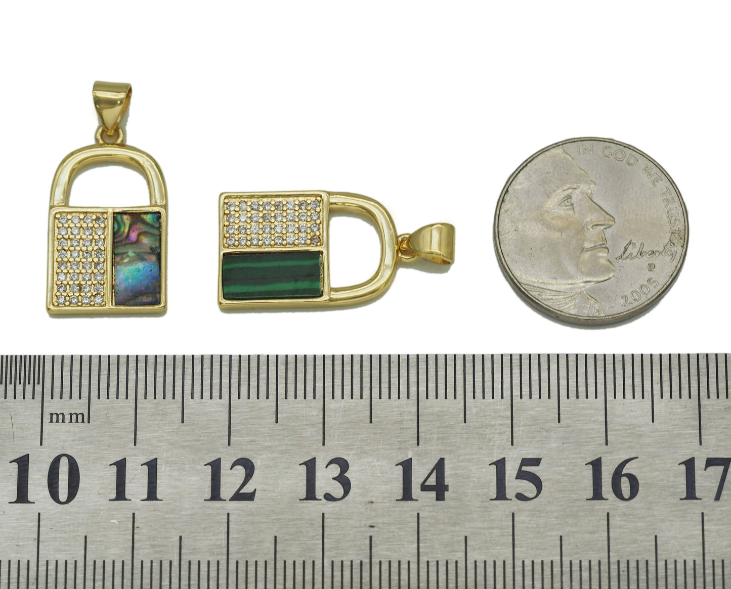CZ Turquoise Malachite Abalone Lock Charm, Sku#L678