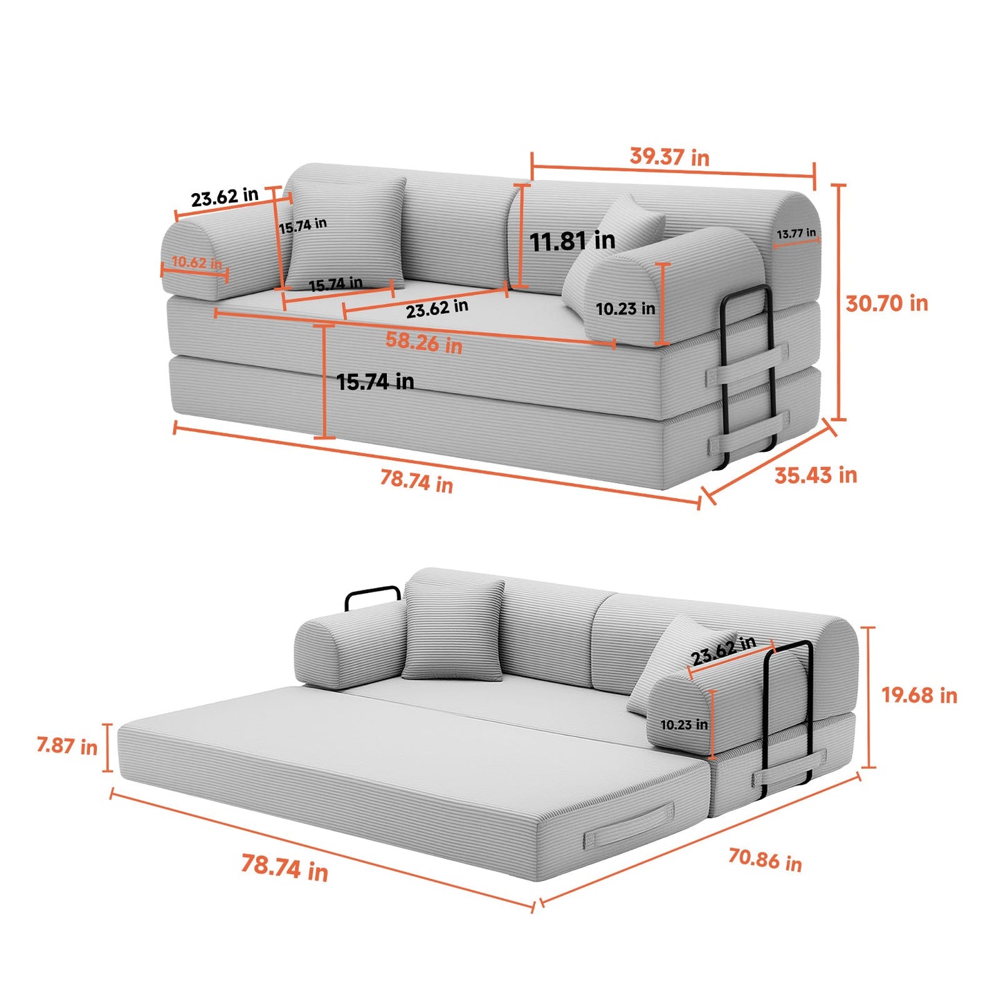 Convertible Sleeper Sofa Bed in Orange