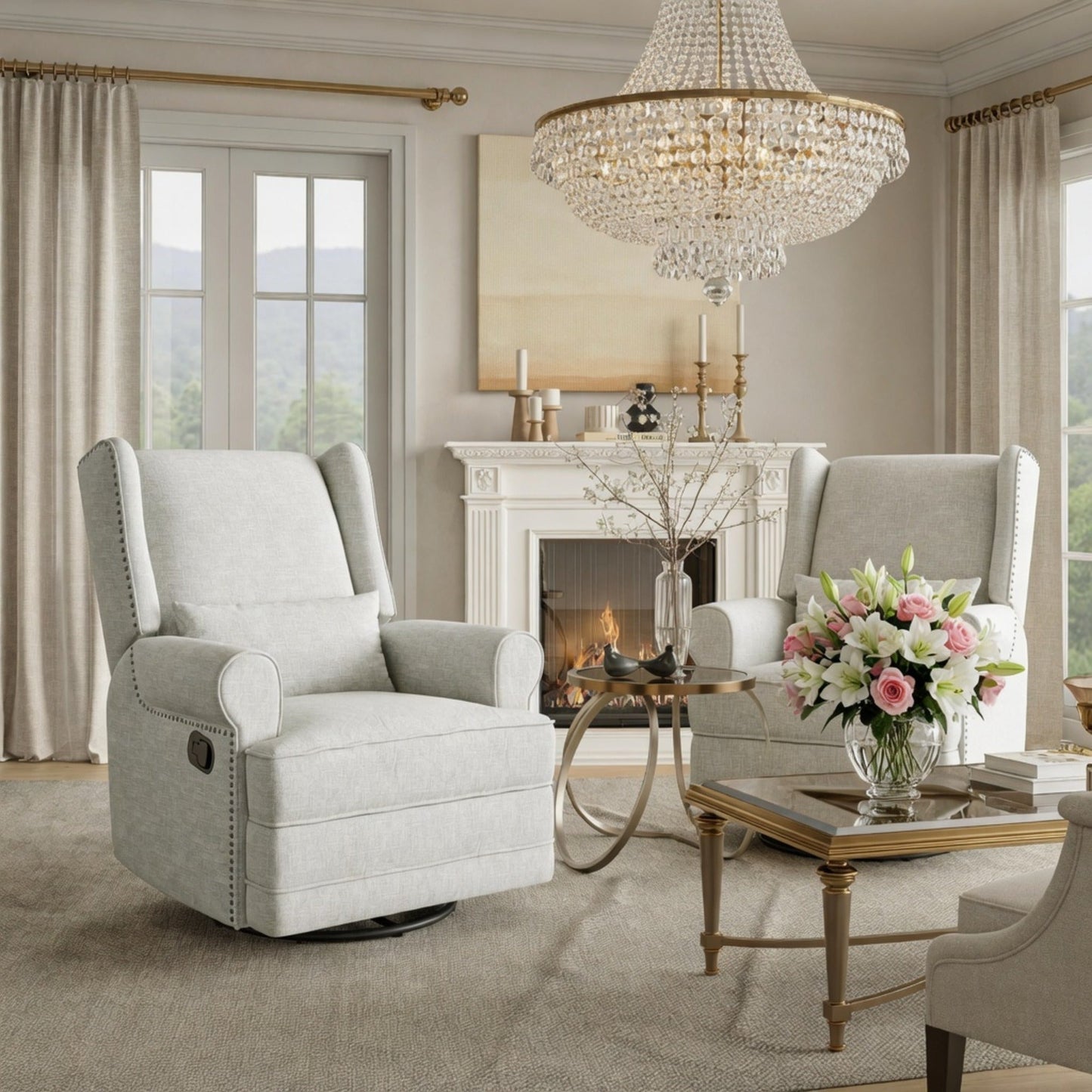 34.25" Extra Wide Off-White Swivel Recliner Glider Chair