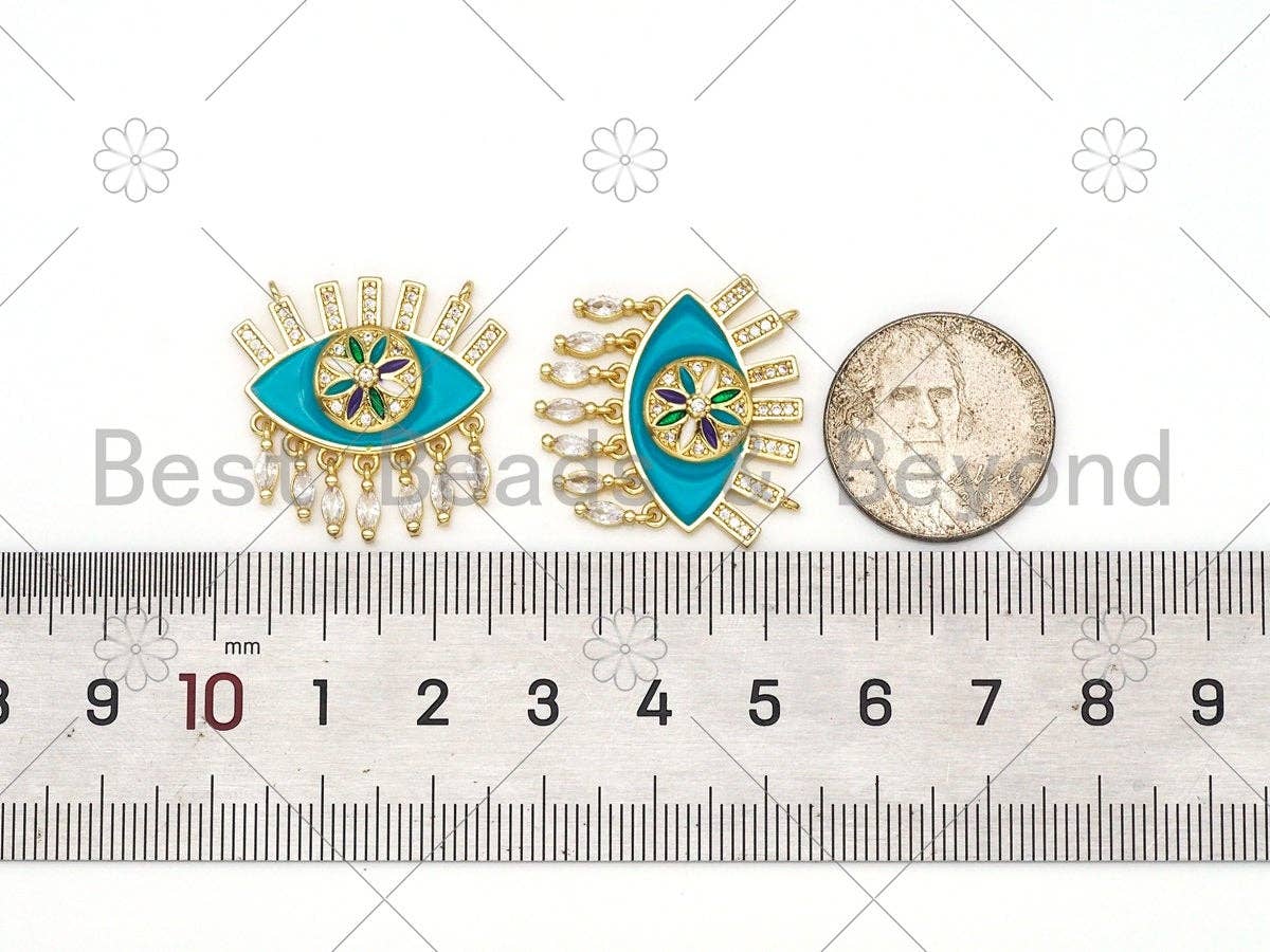 CZ Micro Pave Enamel Turquoise Flower On Evil Eye Shape Pendant, Necklace Pendant, Enamel Charm,Enamel Jewelry Findings,25x24mm,Sku#L613