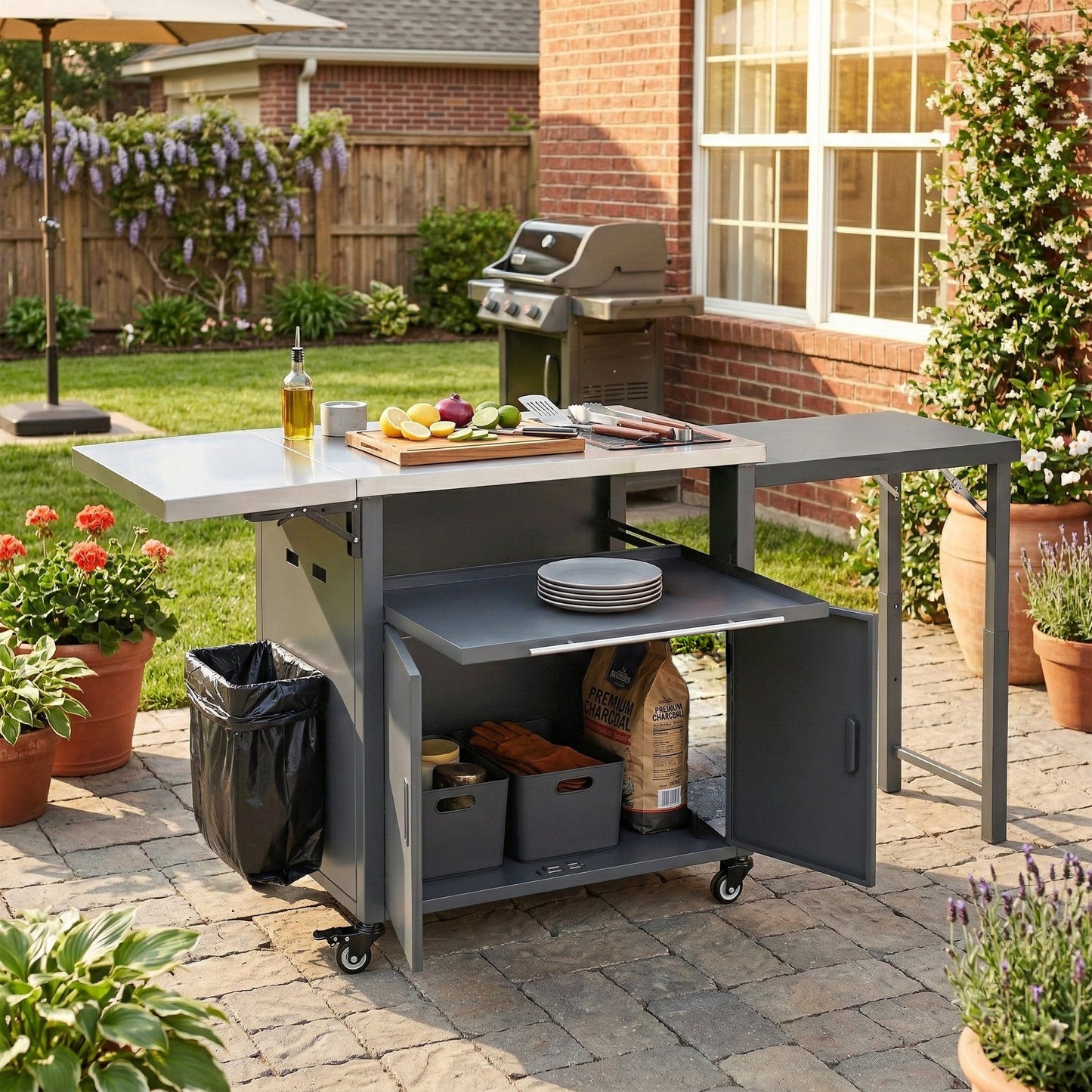 Foldable Outdoor Prep Station BBQ Cart
