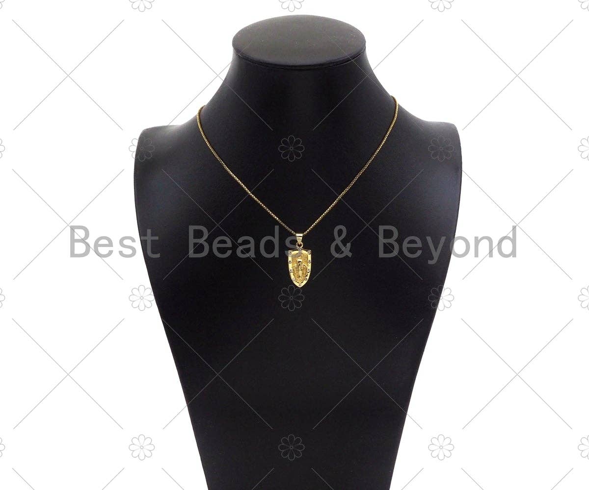 CZ Micro Pave Embossed Jesus/Virgin Mary On Shield Shape Pendant, 18K Gold Religion Charm, Necklace Bracelet Charm Pendant,12x24mm,Sku#LK308