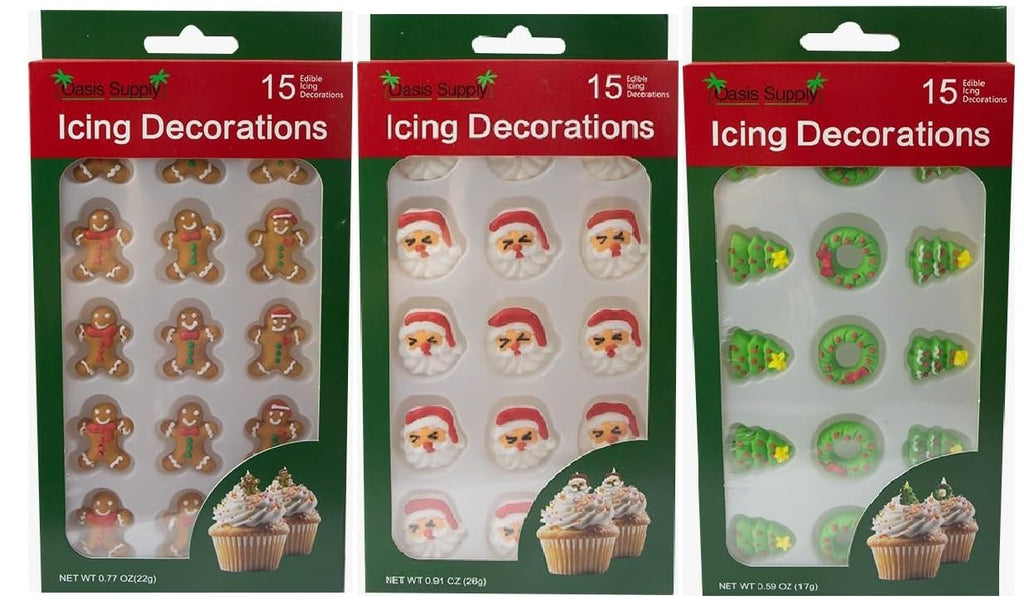 Décorations comestibles pour gâteaux de Noël - Décorations pour bonbons ou cupcakes - Bonhomme en pain d'épices, visage de Père Noël, sapins et couronnes, 45 pièces au total