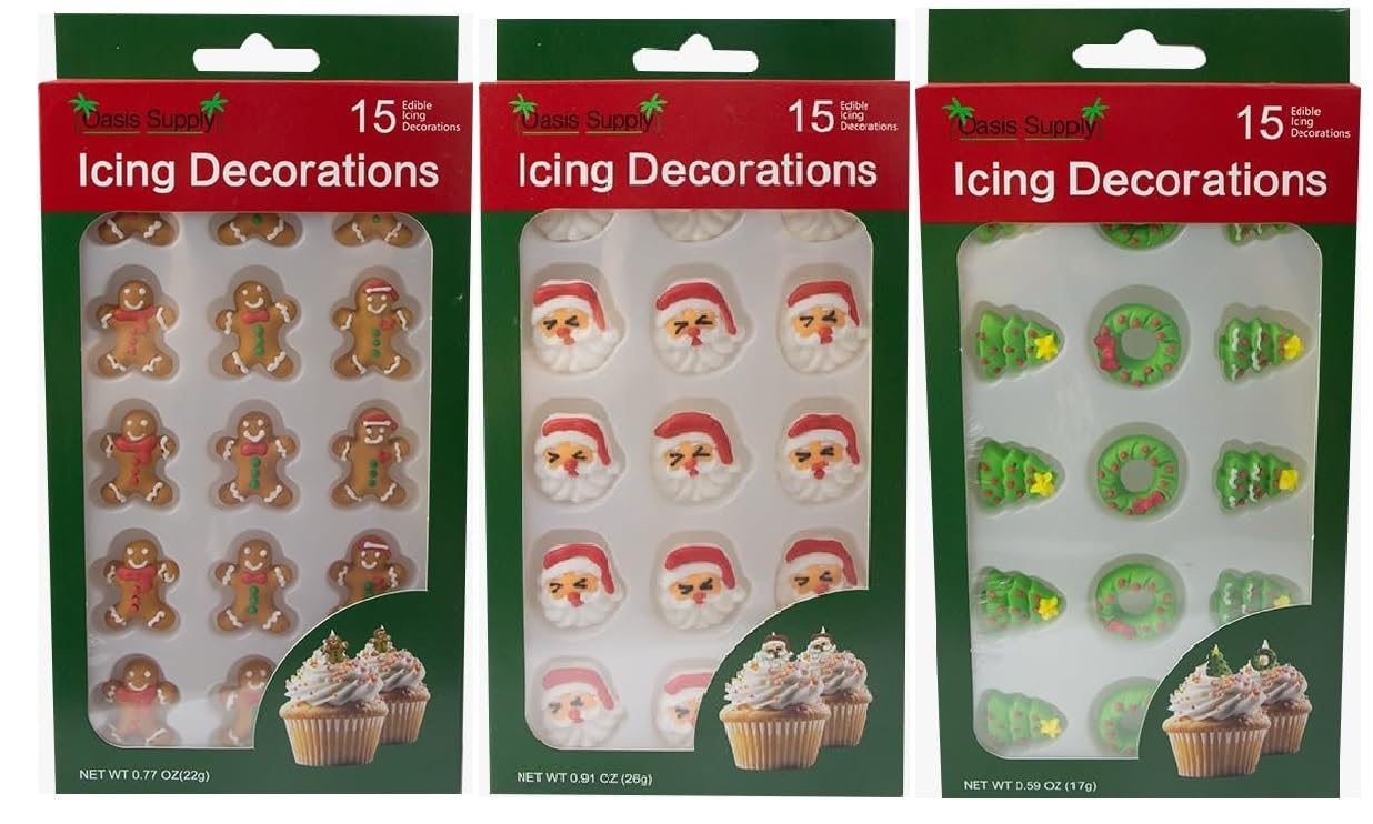 Décorations comestibles pour gâteaux de Noël - Décorations pour bonbons ou cupcakes - Bonhomme en pain d'épices, visage de Père Noël, sapins et couronnes, 45 pièces au total