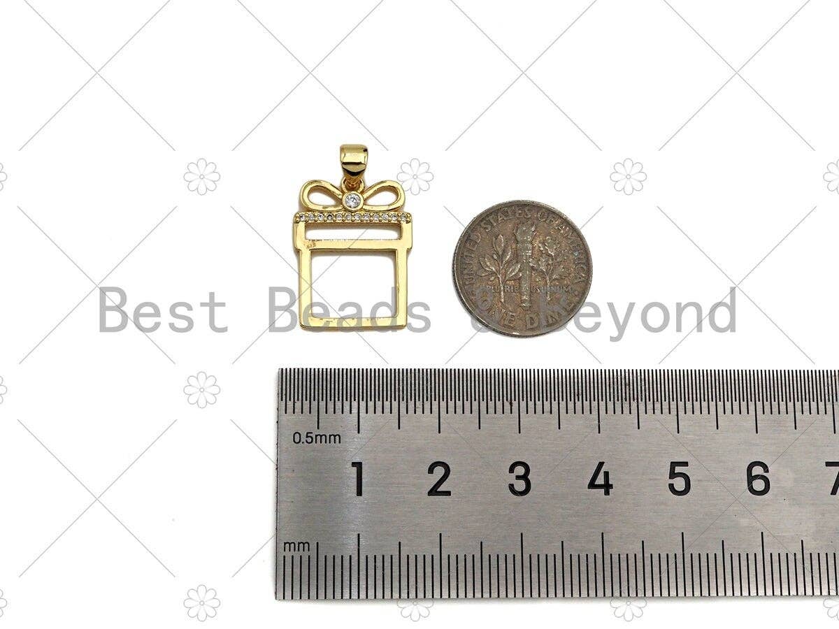 CZ Micro Pave 18k Gold Color Gift Box Shape Pendant, Cubic Zirconia Pendant, Christmas Charm, 20x15mm, Sku#LK206
