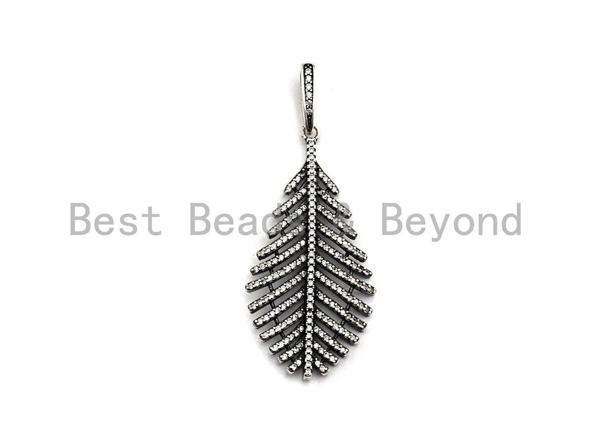 CZ Micro Pave Leaf Pendant, Antique Silver Tone, Clear Cubic Zirconia Big Pave Leaf Charm Pendant, 22x44mm,sku#F1010C