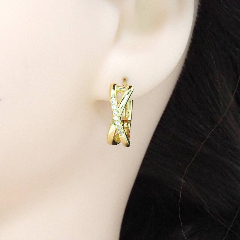 Gold Clear CZ Criss Cross Hoop Earrings, Sku#LK782