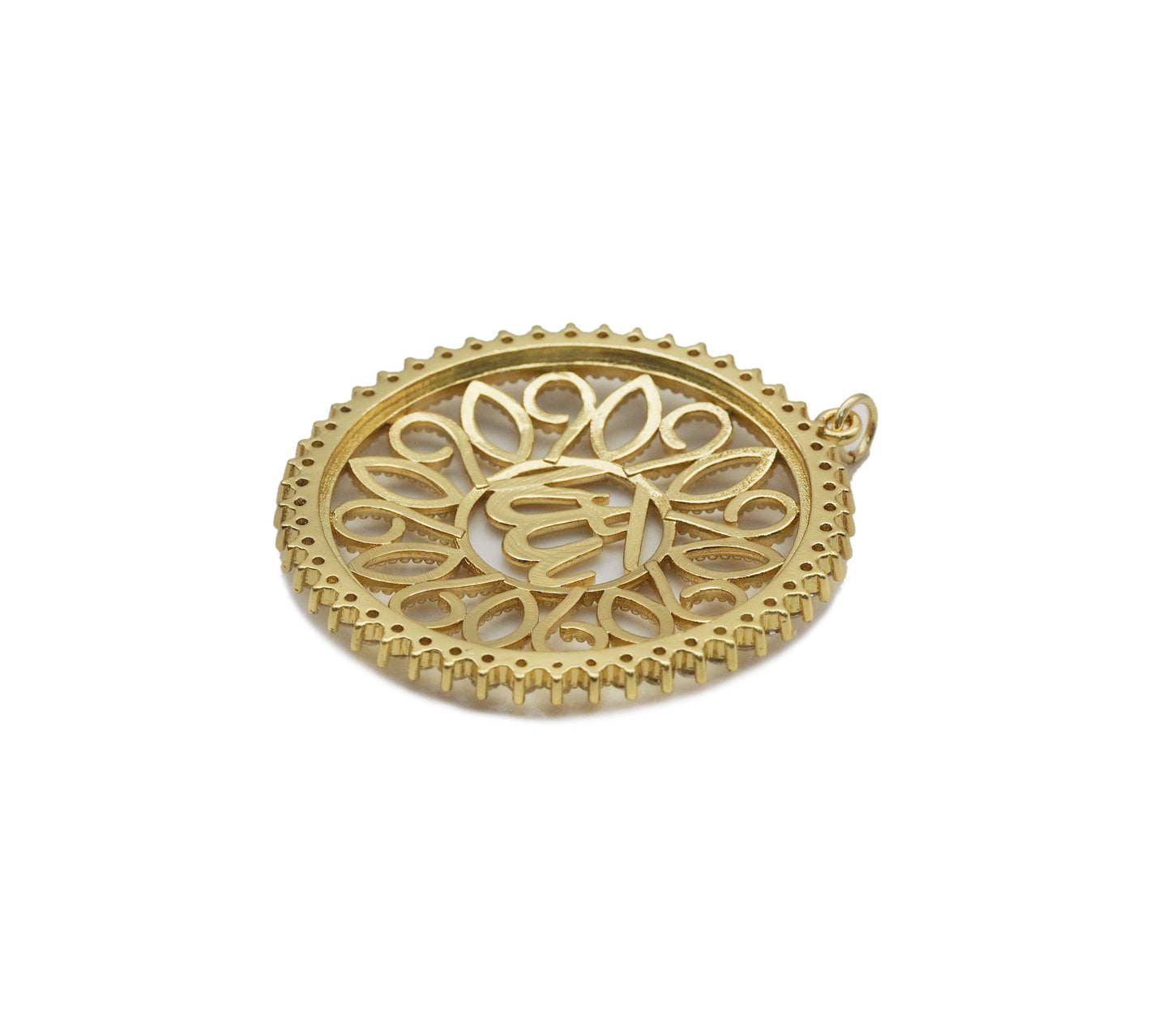 CZ Pave Large Gold Silver Filigree OM Flower Pendant, Sku#B331