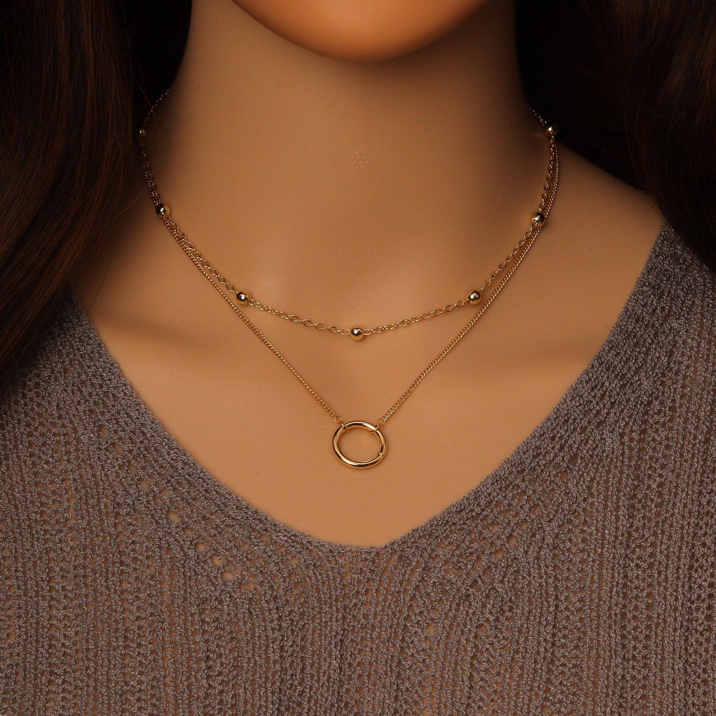 Gold Silver Satellite Chain Round Circle Pendant Layering Necklace, Sku#EF469