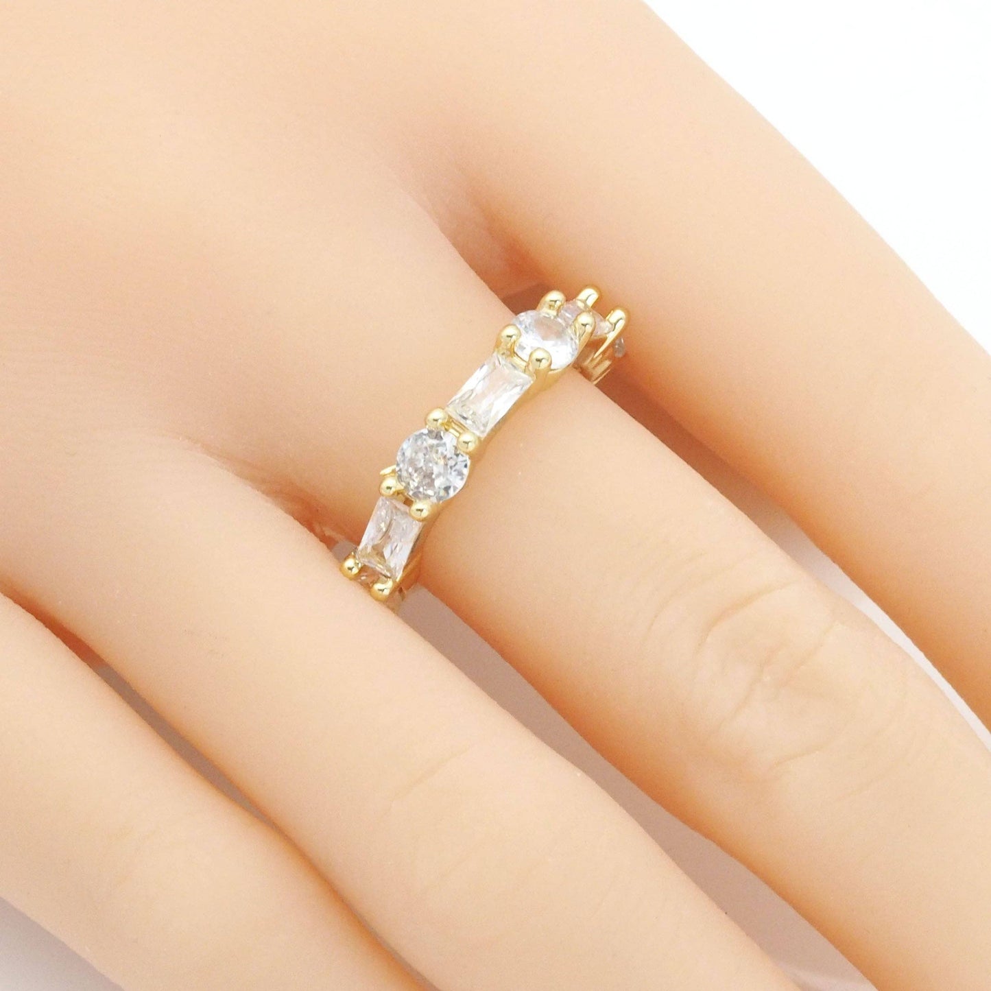 Gold Baguette Round Rectangle CZ Adjustable Ring, Sku#LX226