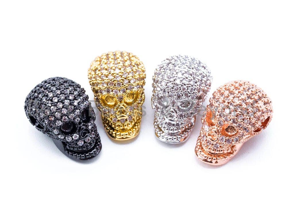 15x11mm 3D CZ Micro Pave Skull Beads, Gold/Black/Silver/Rose Gold Spacer Beads, Men Bracelet Spacer Beads, Sku#G243