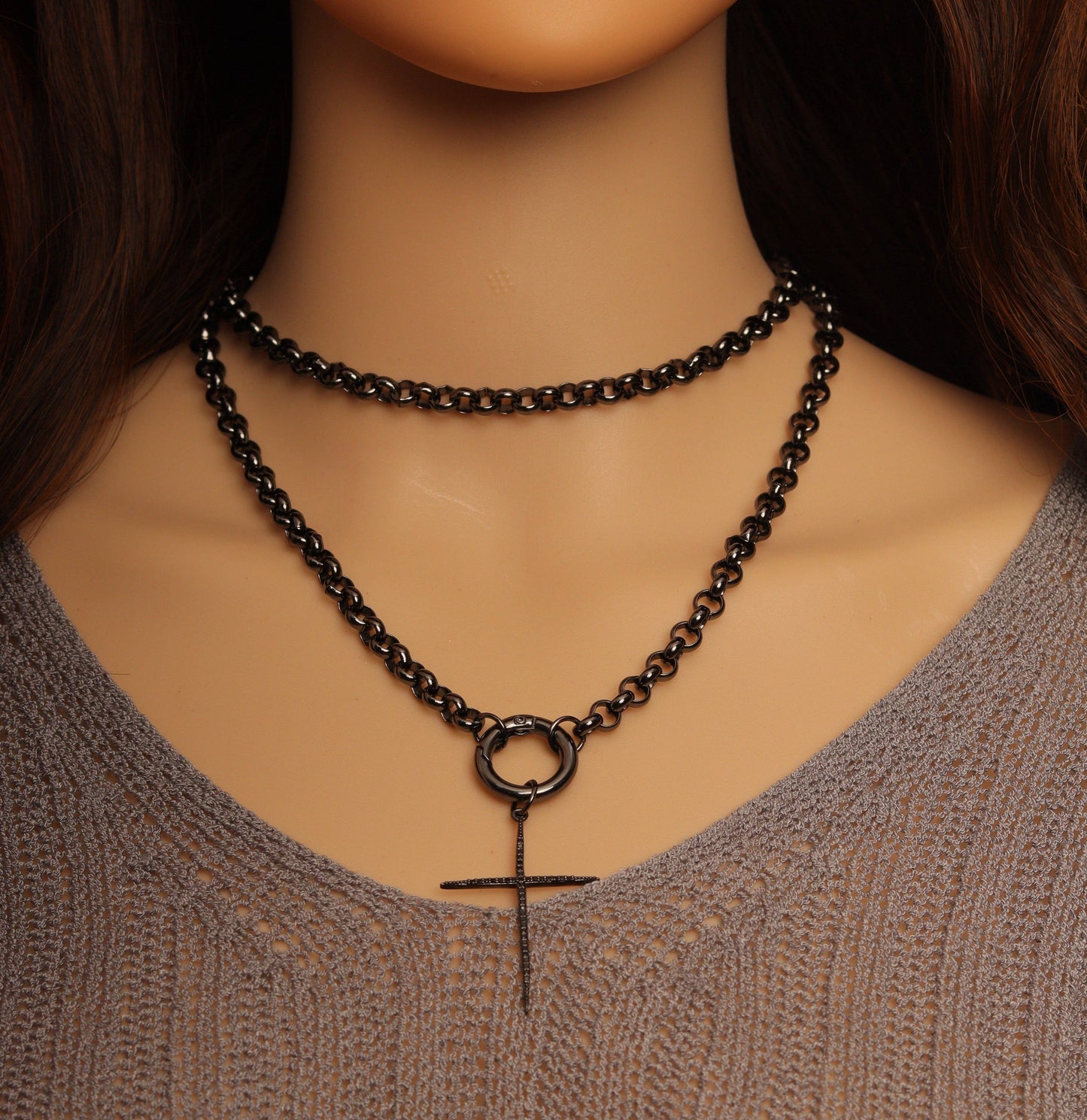 40inch Gunemtal Rolo Chain Thin Cross necklace, sku# EF326