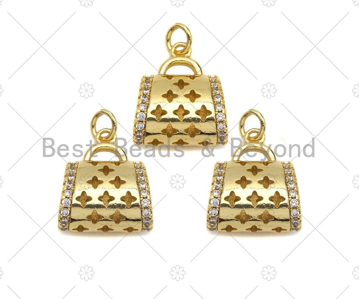 CZ Micro Pave 3D Shape Star Purse Handbag Pendant, Gold Purse Charm,  Gold Ladies handbag Charm,16x17mm, Sku#LK77