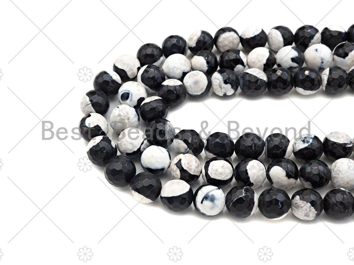 Natural Black White Fire Agate Round Faceted Beads, 8mm/10mm