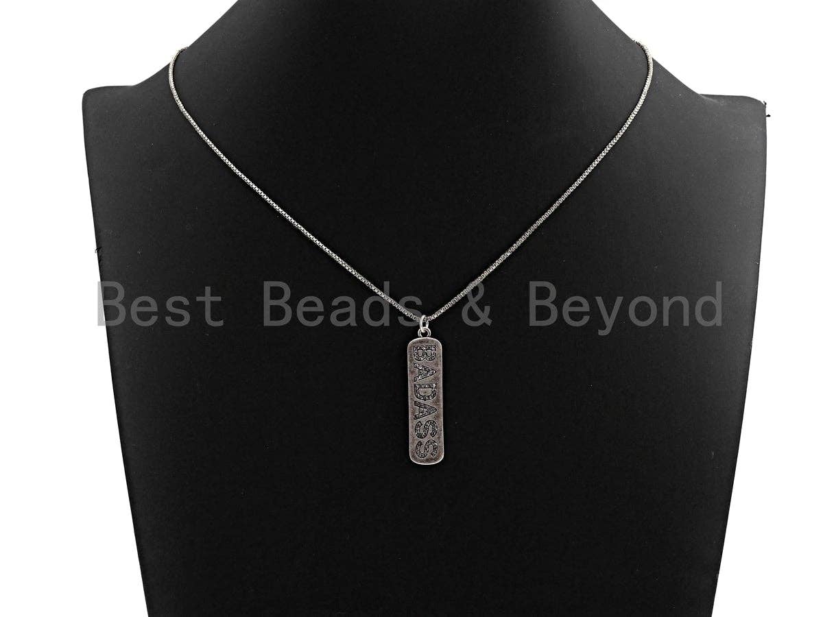 CZ Micro Pave Long Bar With Letter Pendant, Antique Silver Tone, Clear Cz Big Pave Bar Charm Pendant, 10x39mm,sku#F1013C