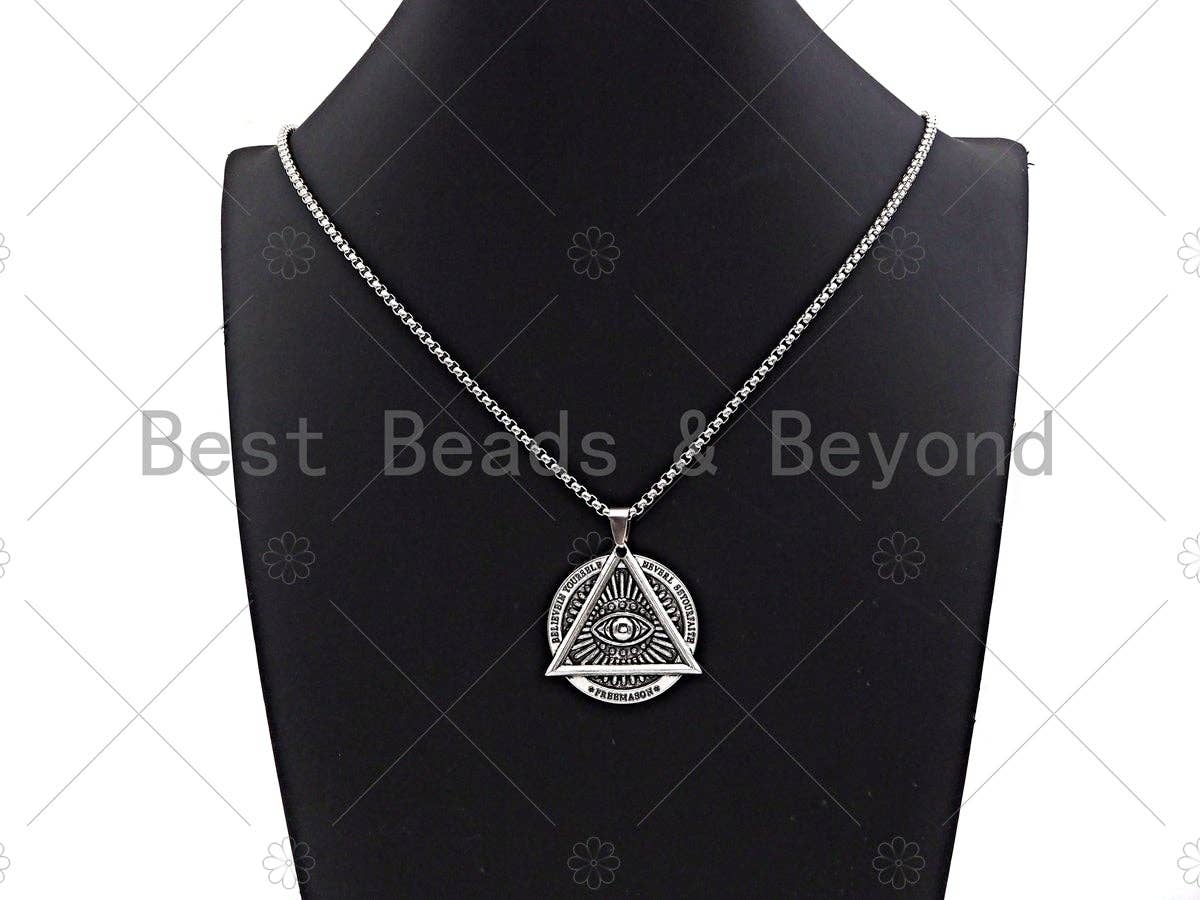 Protection Eye Skull Engraved Pendant Necklae, Stainless Steel Silver Chain Necklace -Men's Jewelry - Pendant Necklace, sku#L341