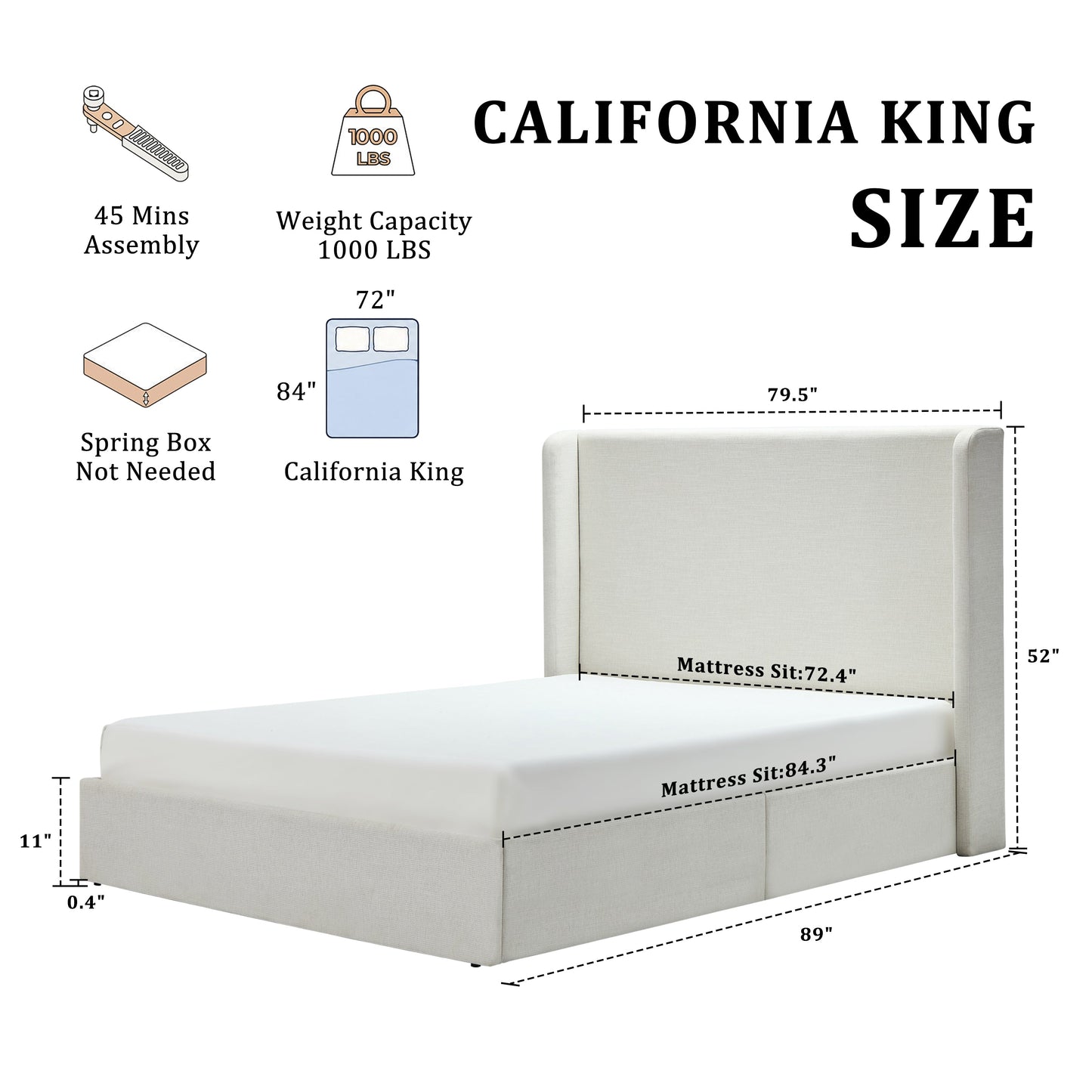 Carmen Upholstered Wingback Bed - California King