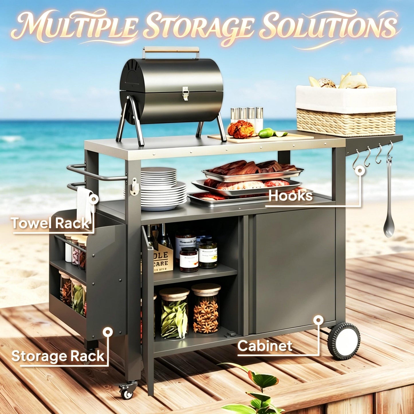 Convenient Kitchen Island & Movable Grill Cart Table