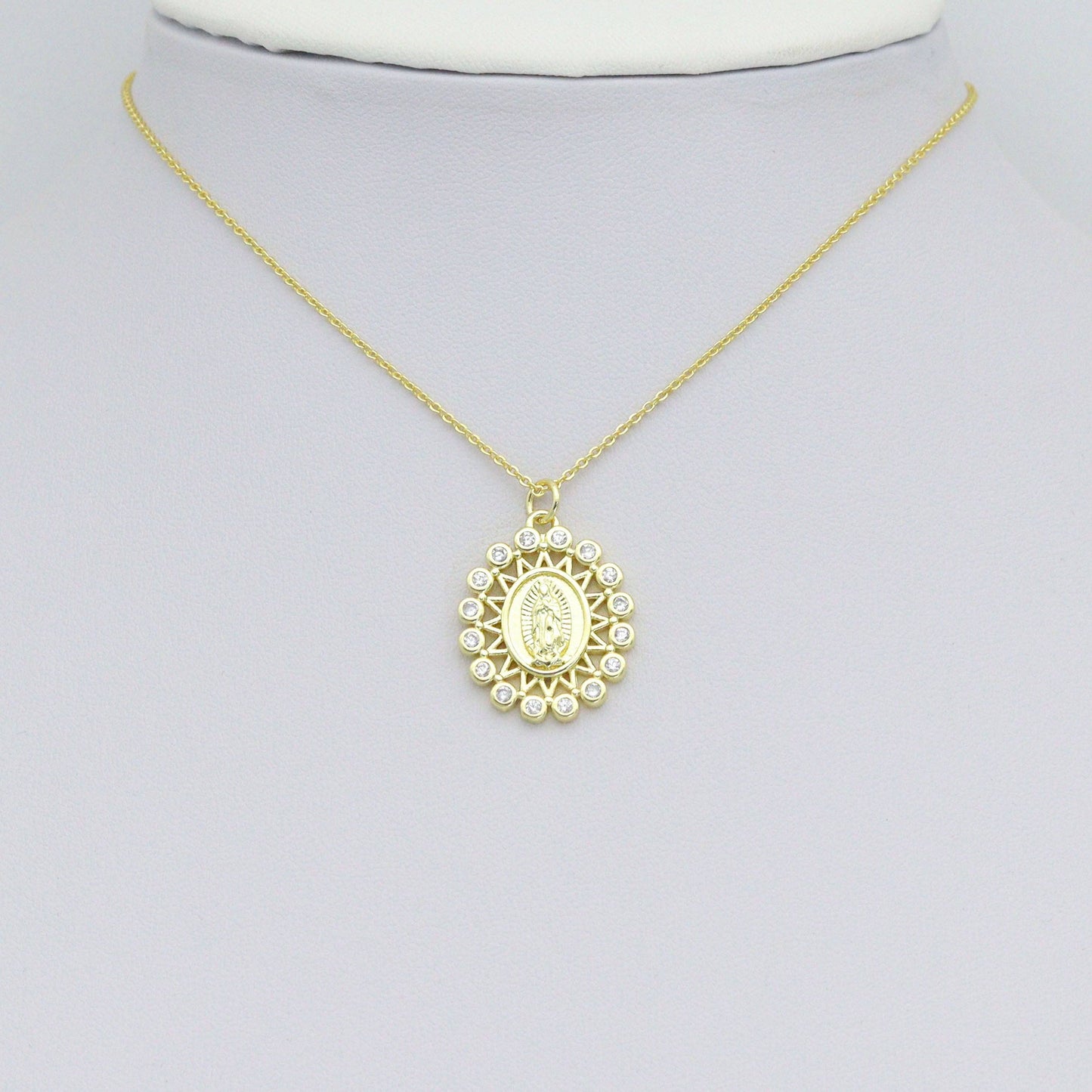 Clear CZ Gold Virgin Mary On Oval Shape Charm Pendant, Sku#LK1113