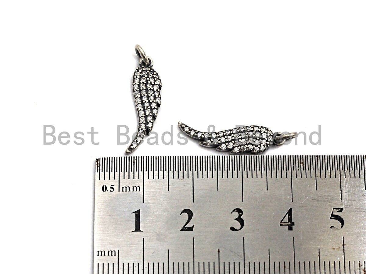 Rhidium CZ Micro Pave Angel Wing Pendant/Charm, Antique Silver Color Wing, Cubic Zirconia Pendant Charm, 6x23mm,sku#X116
