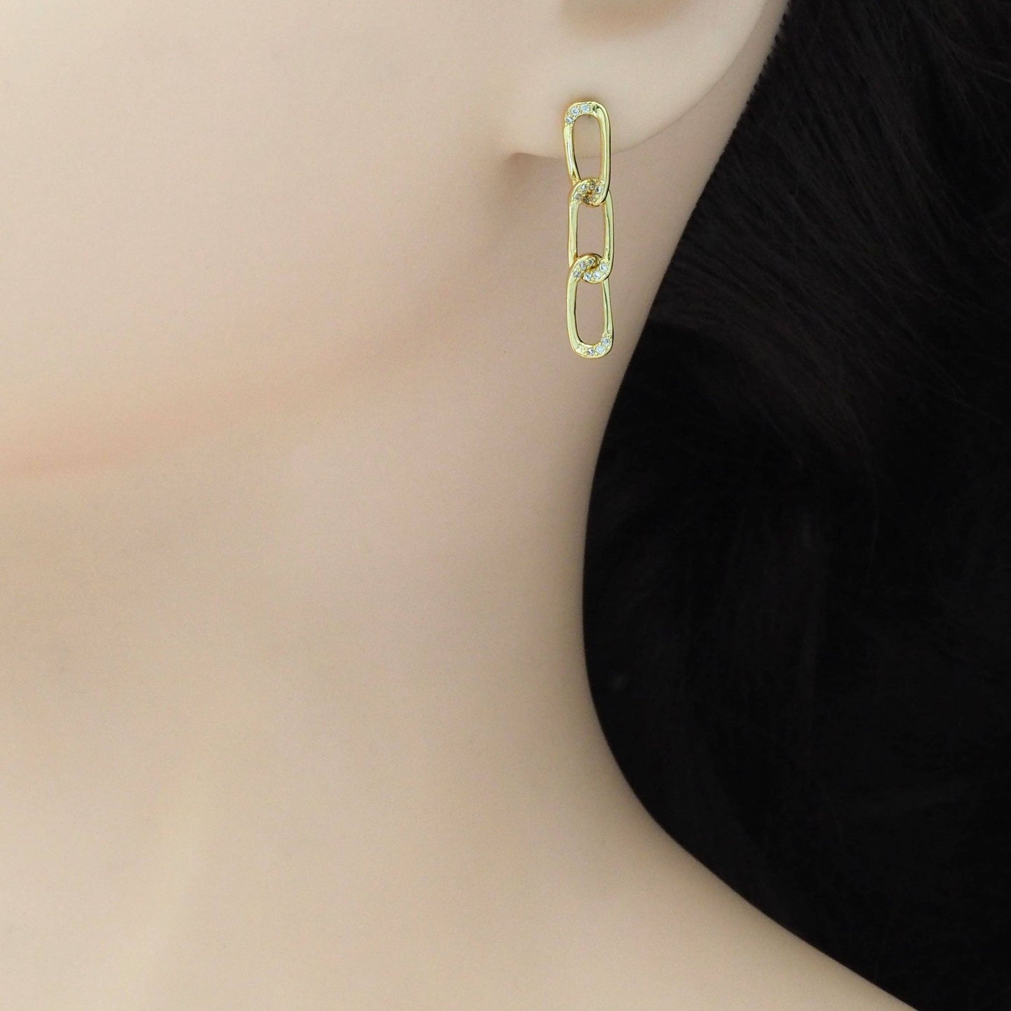 CZ Gold Oval Link Dangle Earrings, Sku#LK900