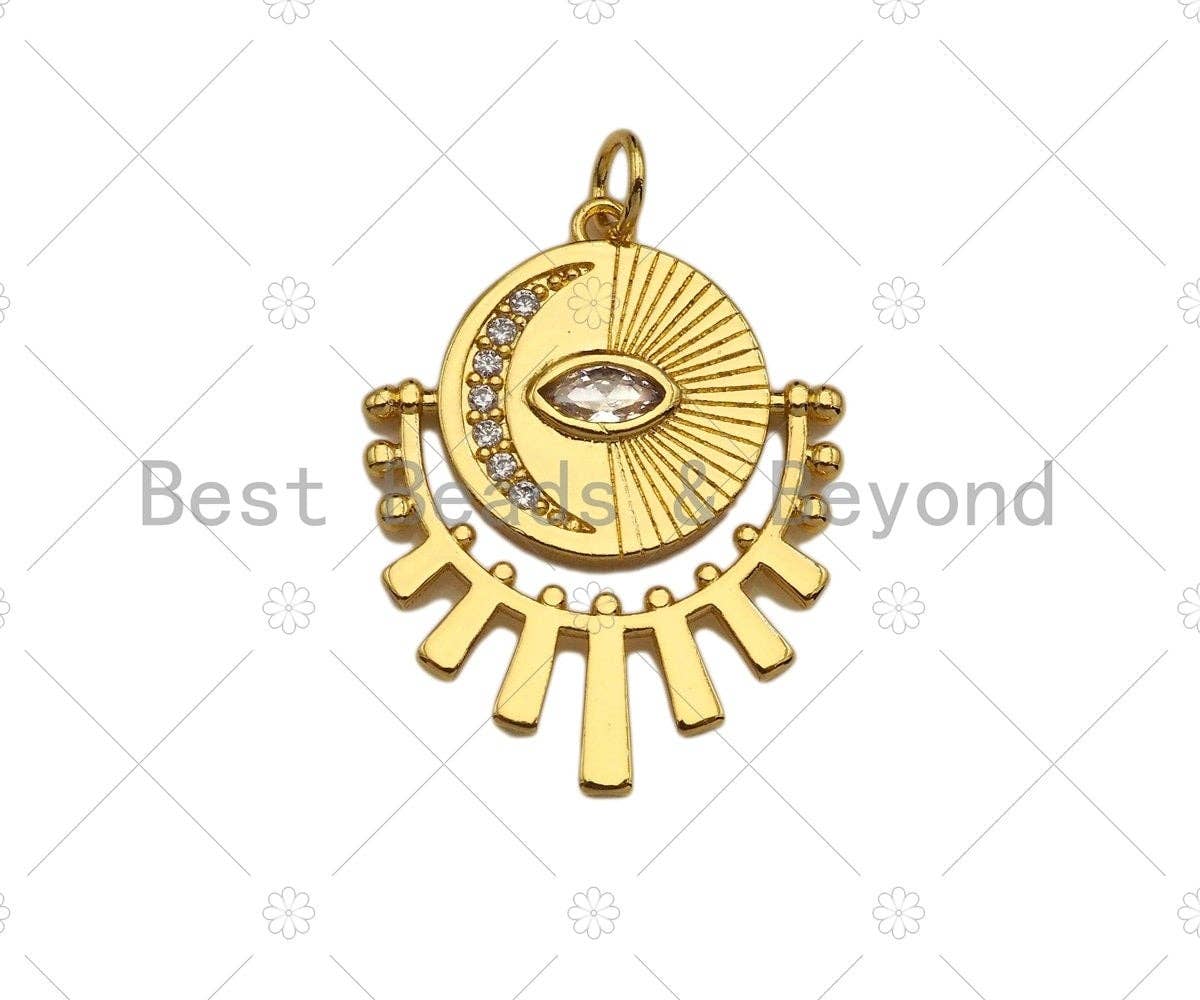 CZ Micro Pave Evil Eye Cresent Moon On Round Coin With Radial Pendant/Charm, Real Gold Plated Charm Pendant,22x27mm, Sku#L427