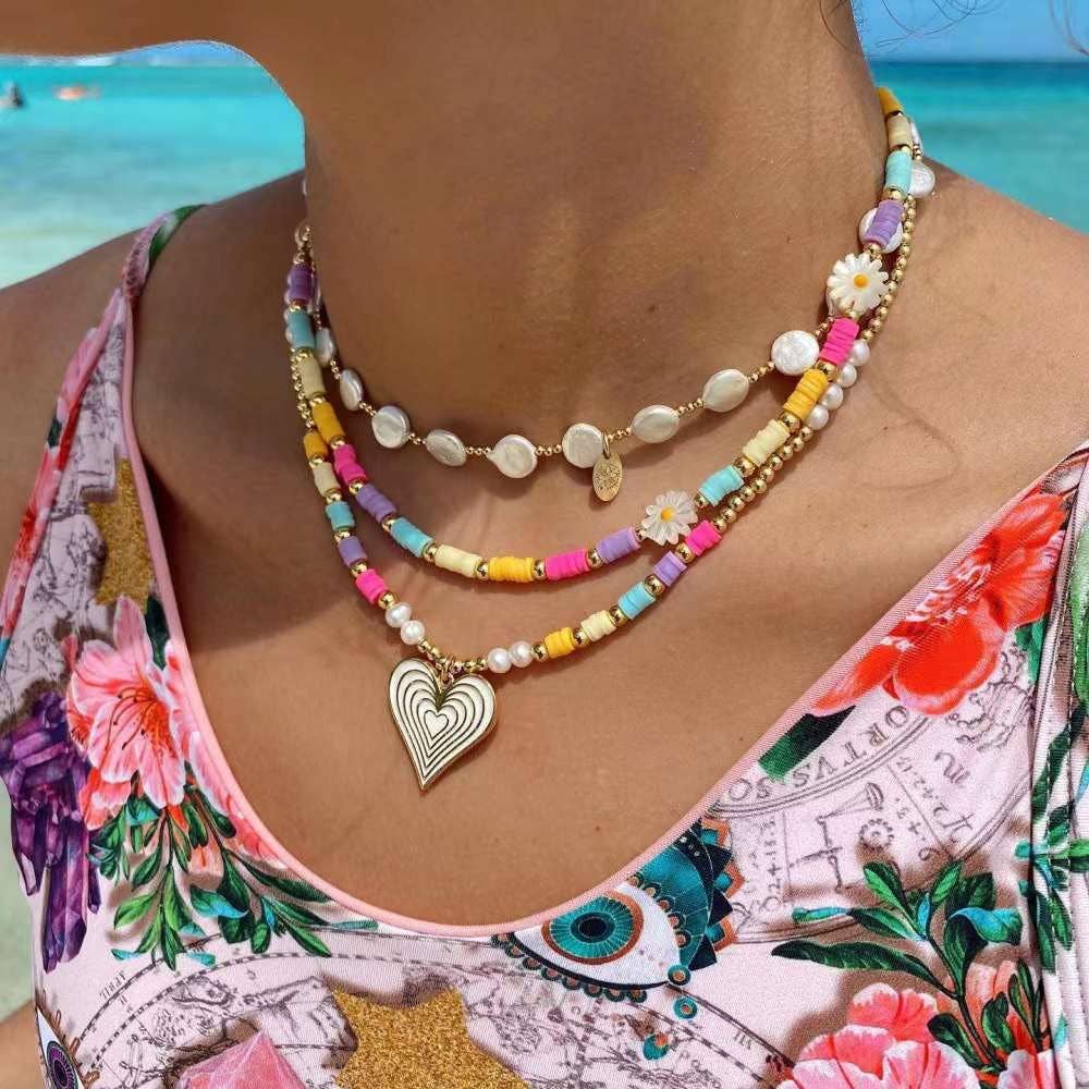 Gold Colorful Pearl Beads Heart Pendant Necklace, Sku#O119
